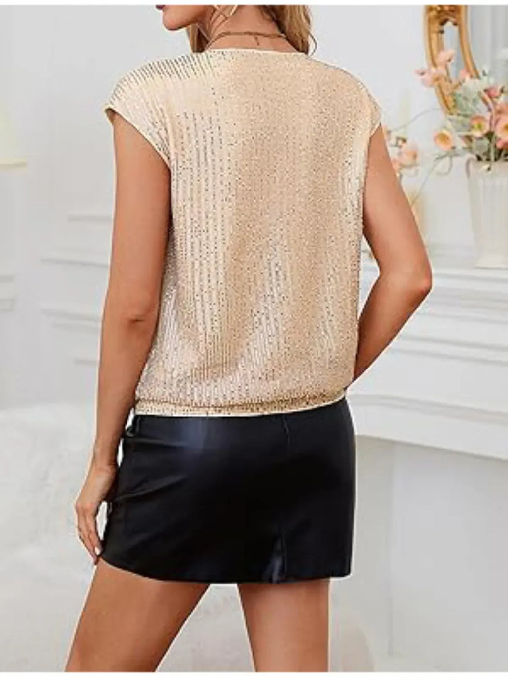 Trendsi Blouse V-Neck Sequin Cap Sleeve Top