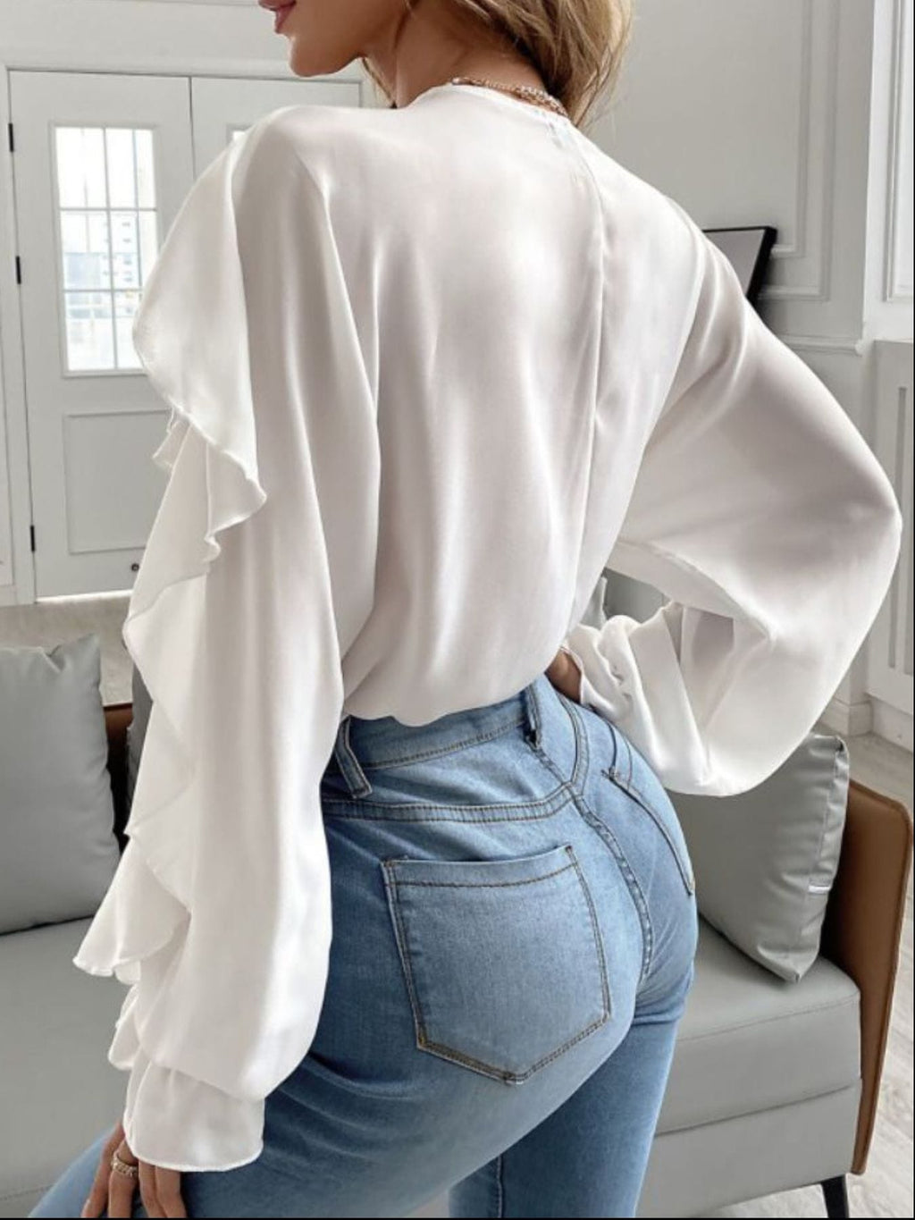 Trendsi Full Size Ruffle Trim V-Neck Shirt Plus Size