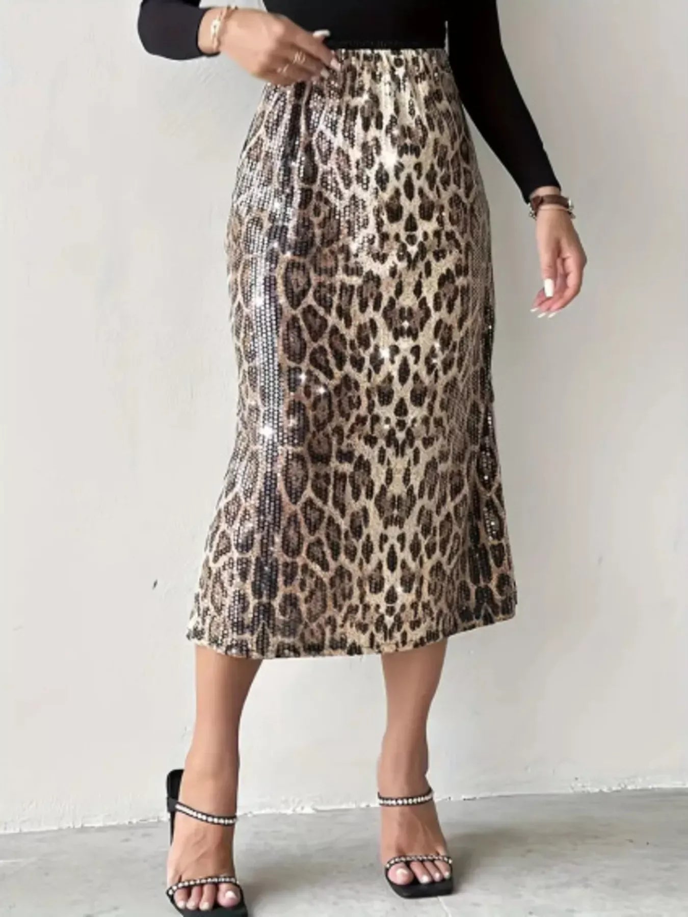 Trendsi Apricot / S Sequin Leopard Midi Skirt