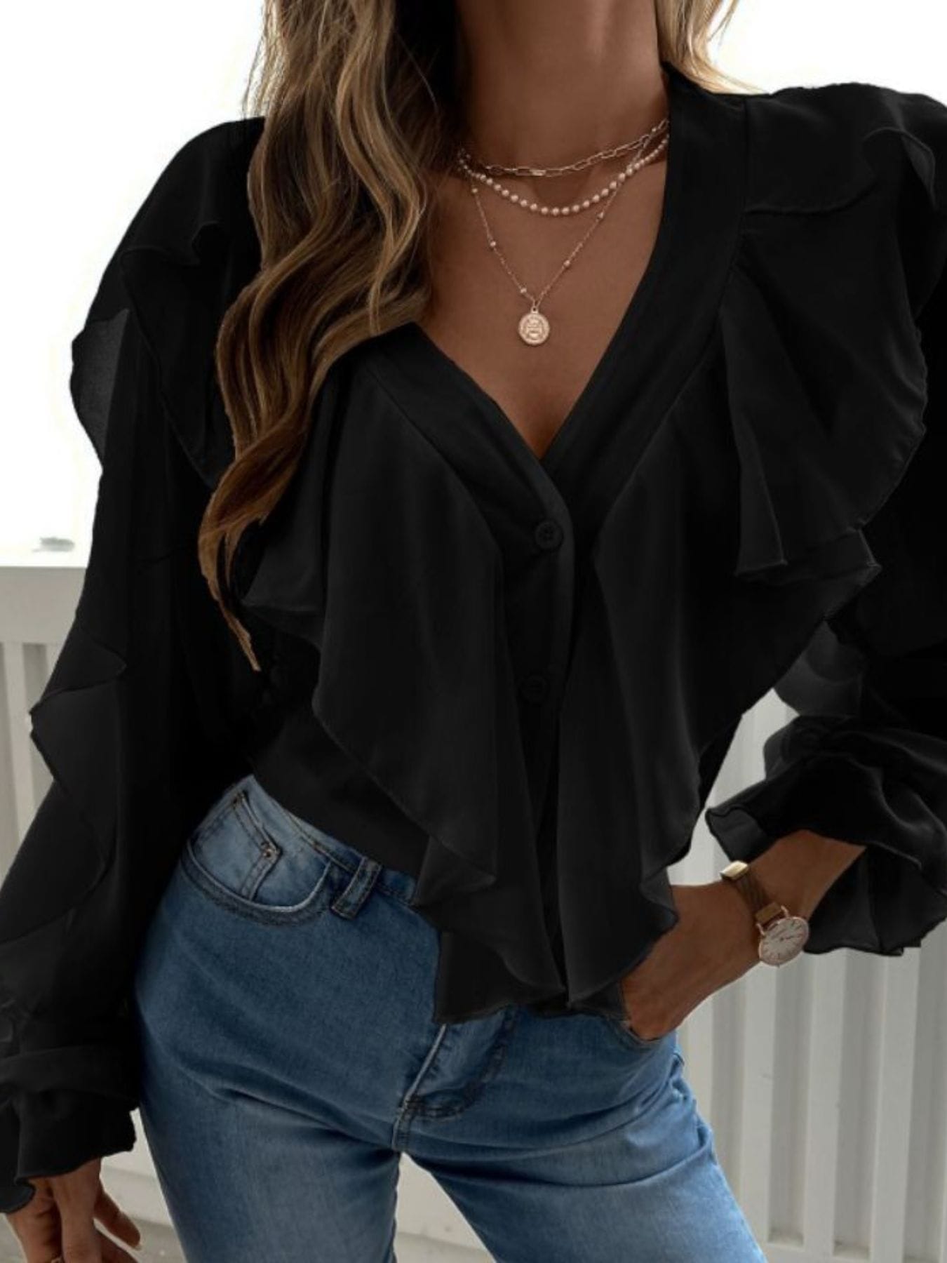 Trendsi Black / S Full Size Ruffle Trim V-Neck Shirt Plus Size