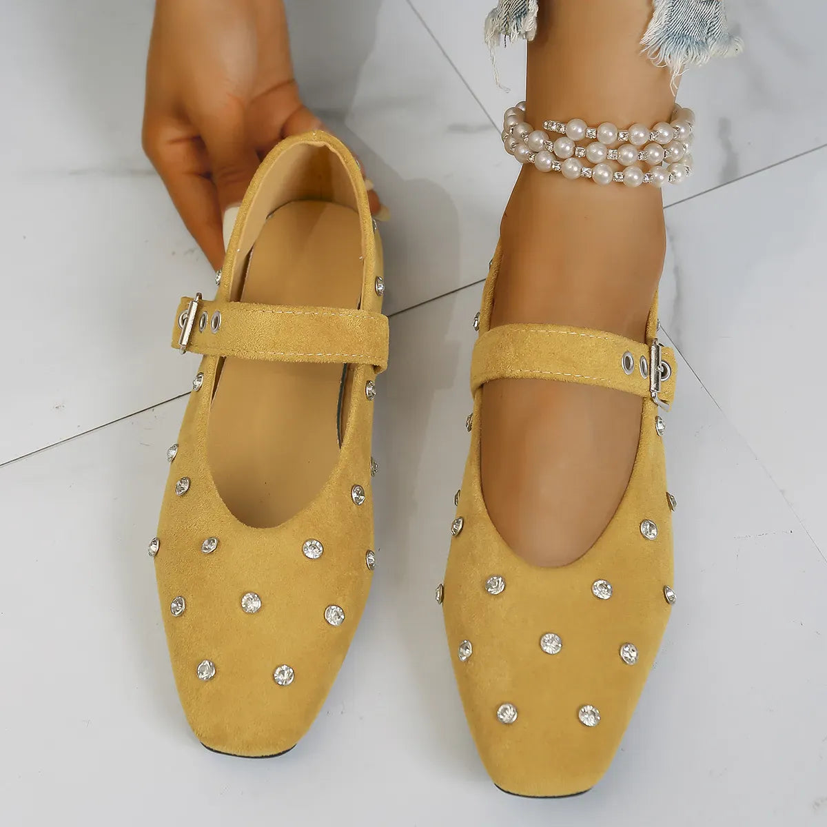 Trendsi Yellow / 35 Rhinestone Buckle Flat Mary Jane Loafers