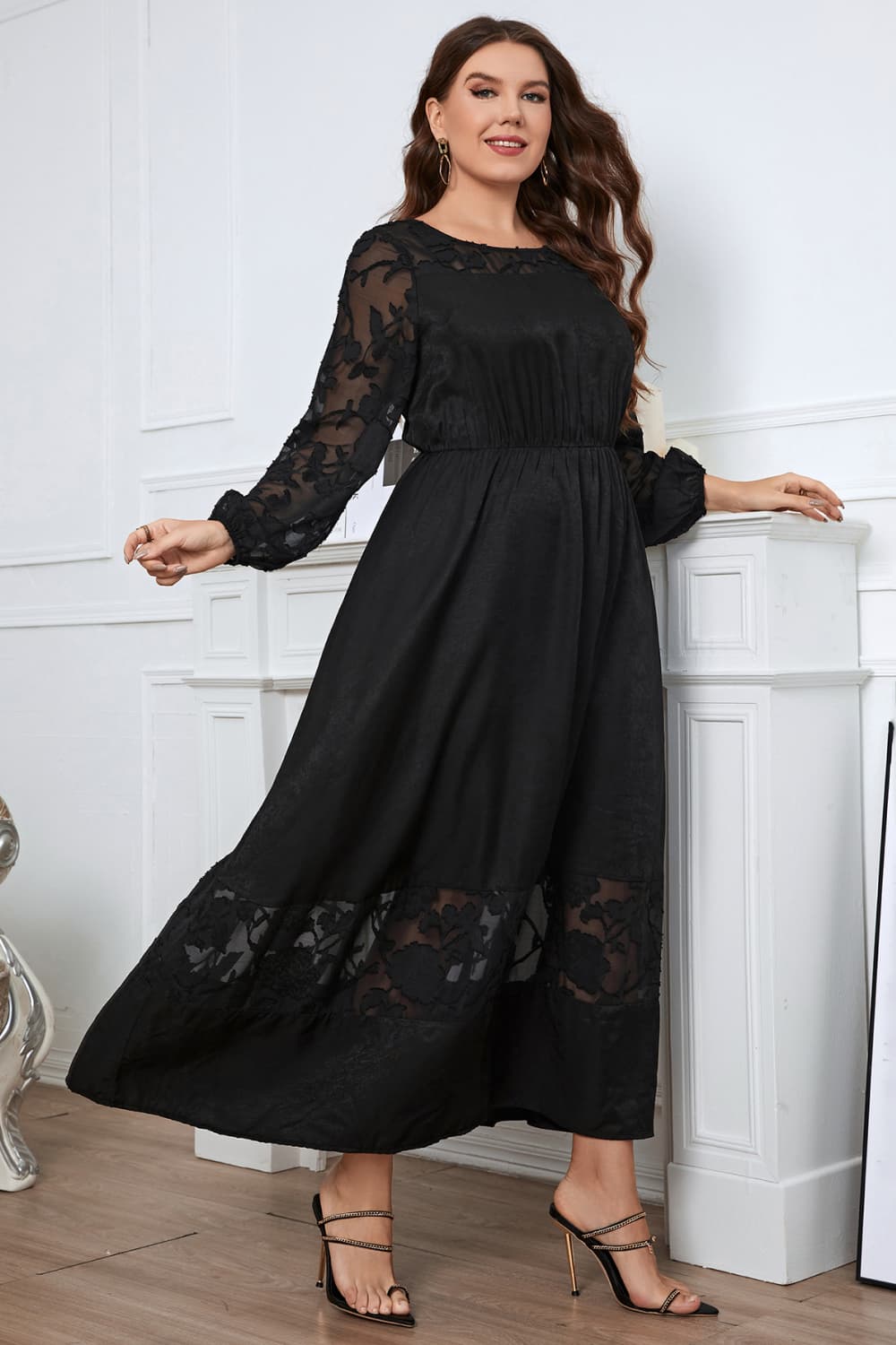 Trendsi dress Honey Melo Apparel Plus Size Embroidery Round Neck Long Sleeve Maxi Dress