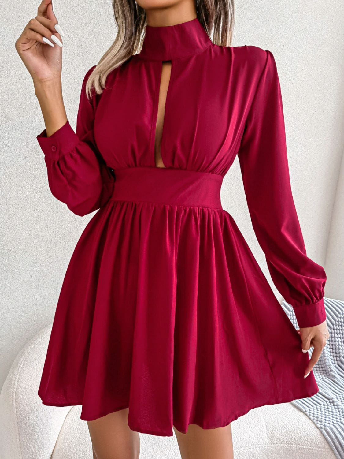 Trendsi Red / S Cutout Turtleneck A-Line Mini Dress
