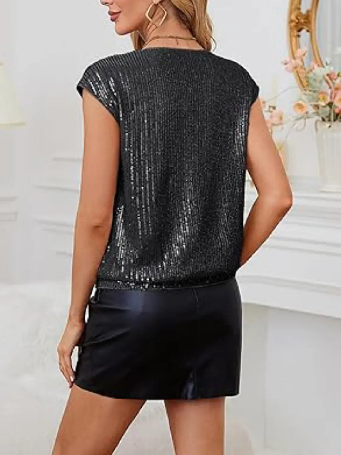 Trendsi Blouse V-Neck Sequin Cap Sleeve Top