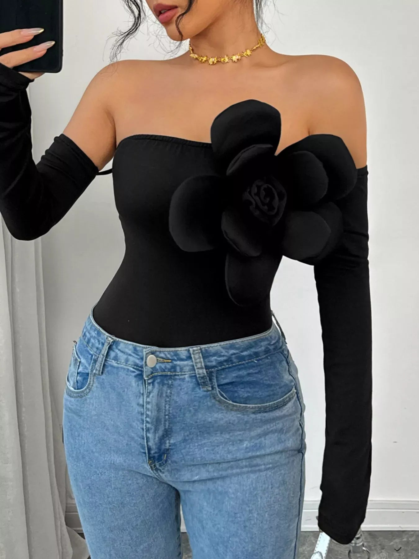 Trendsi Flower Off-Shoulder Long Sleeve Bodysuit