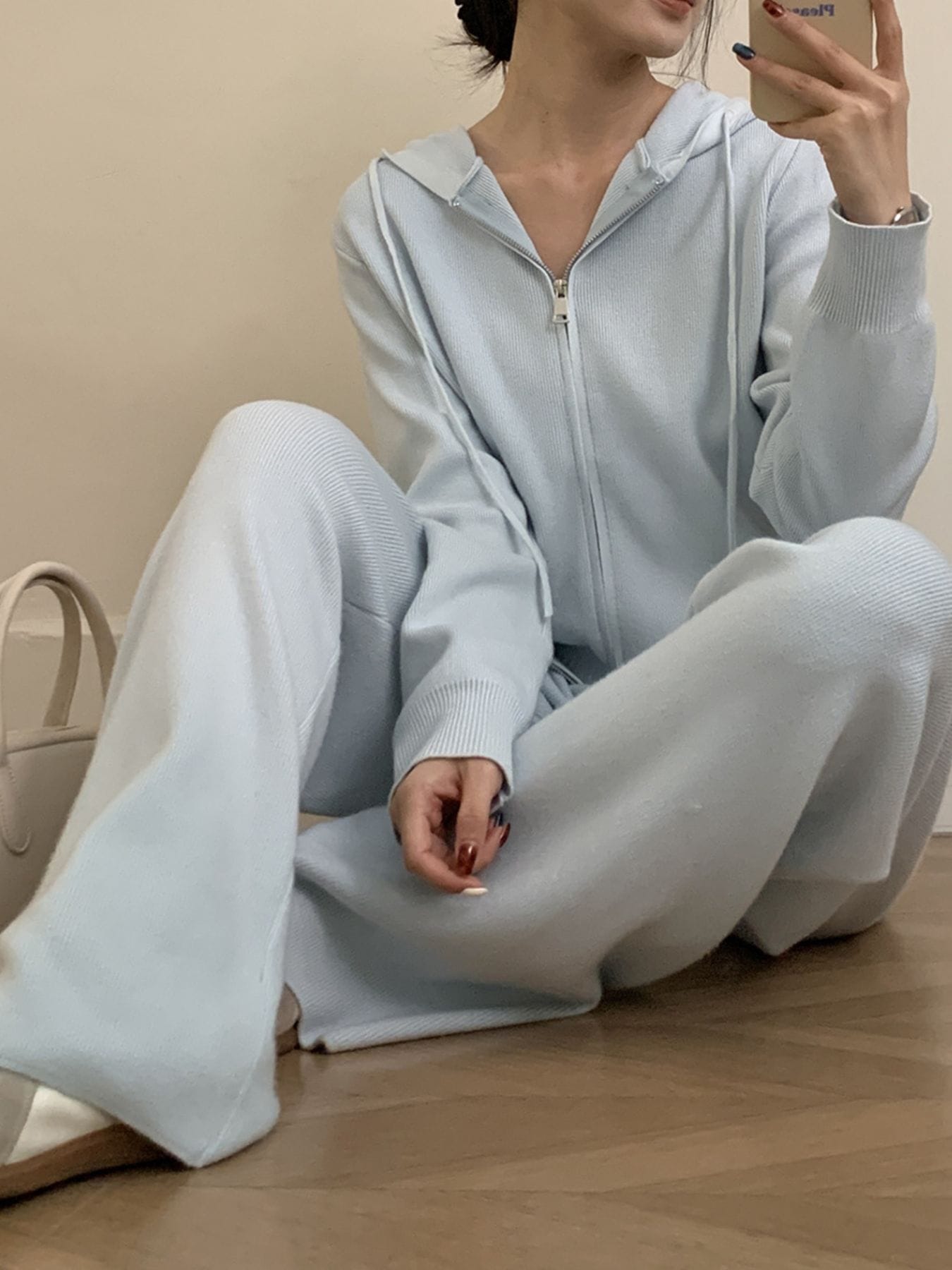Trendsi Blue / One Size Zip Up Cardigan and Drawstring Wide Leg Pants Knit Set