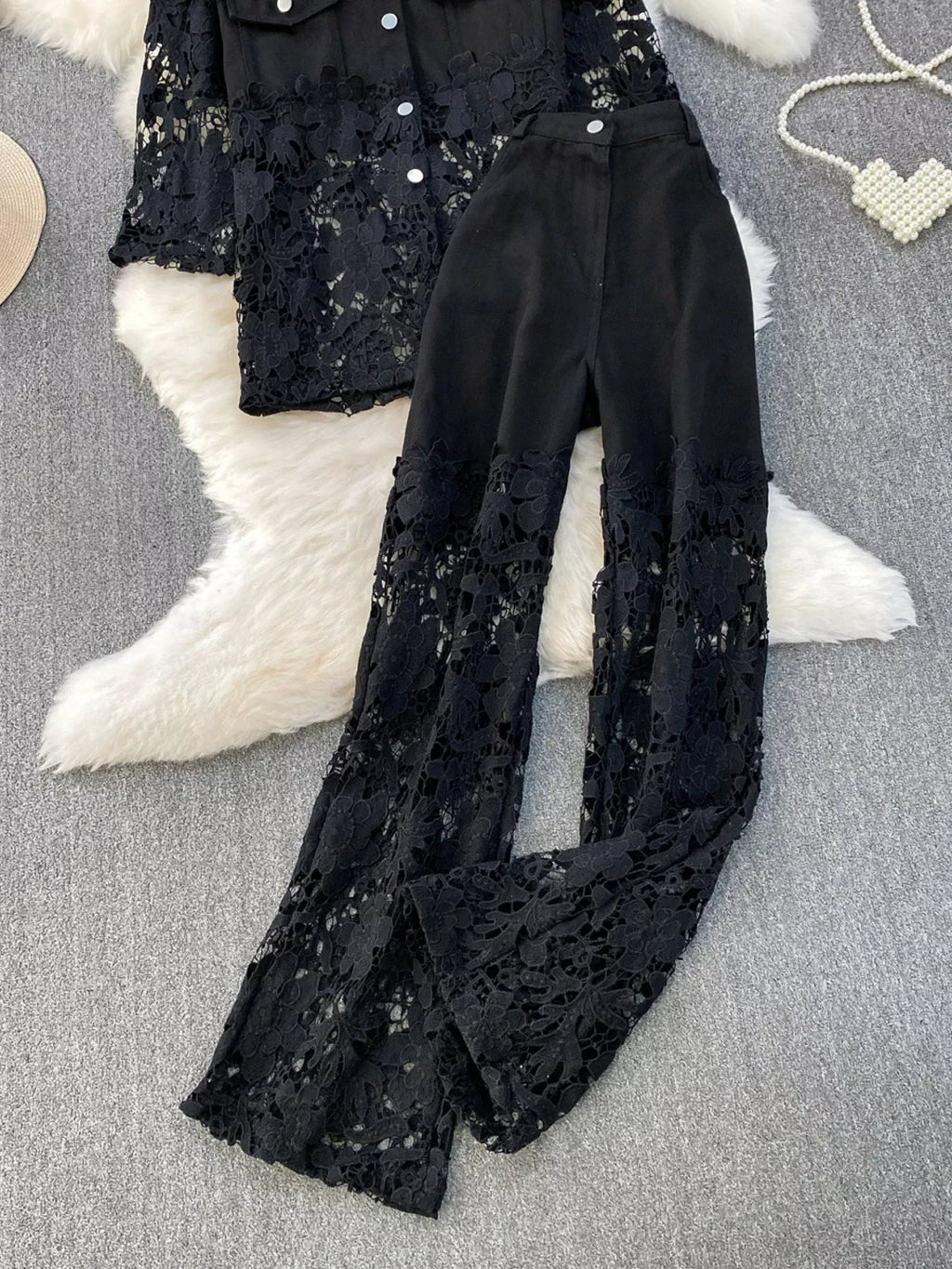 Trendsi Lace Patchwork Shacket and Pants Set