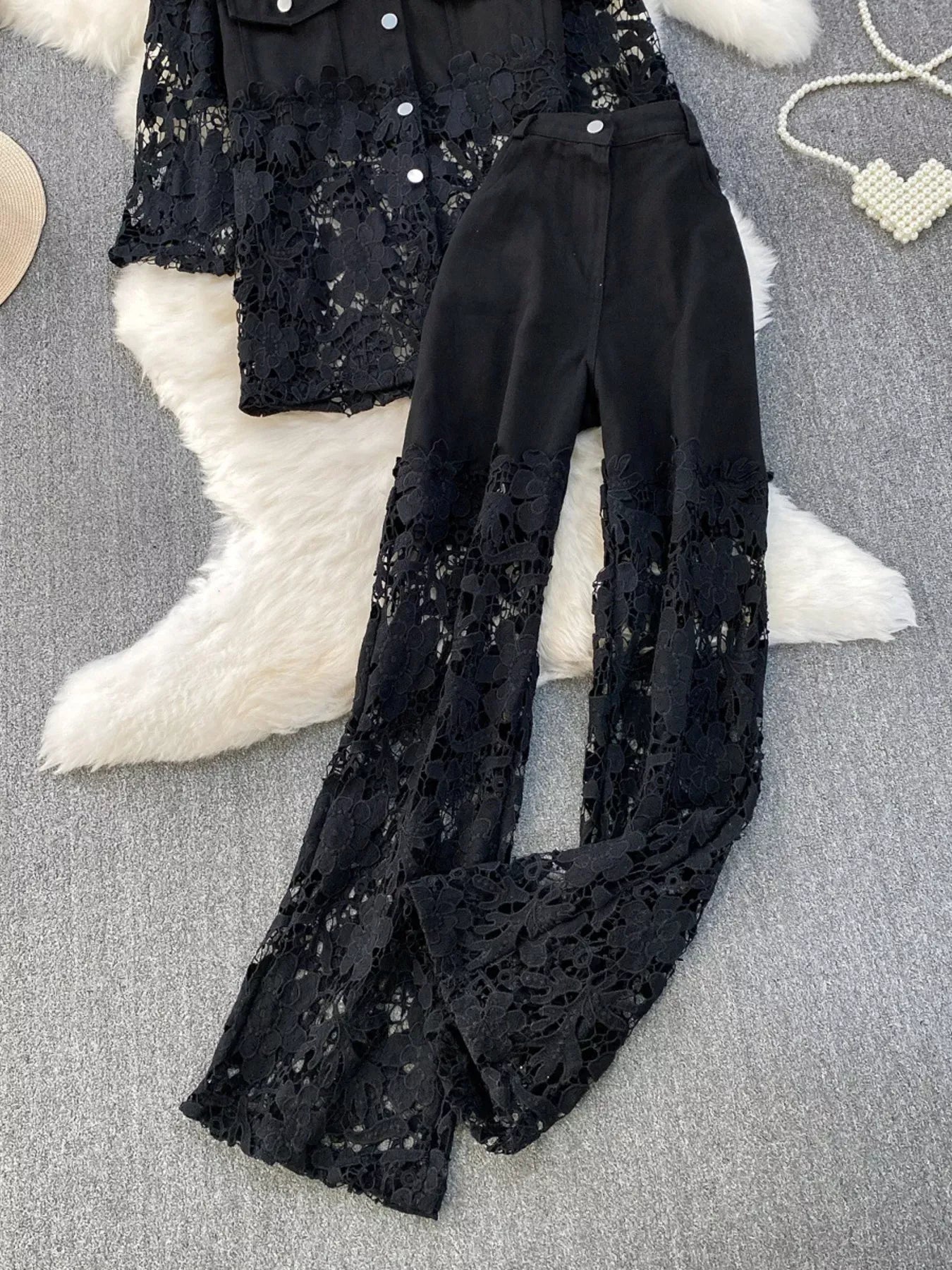 Trendsi Lace Patchwork Shacket and Pants Set