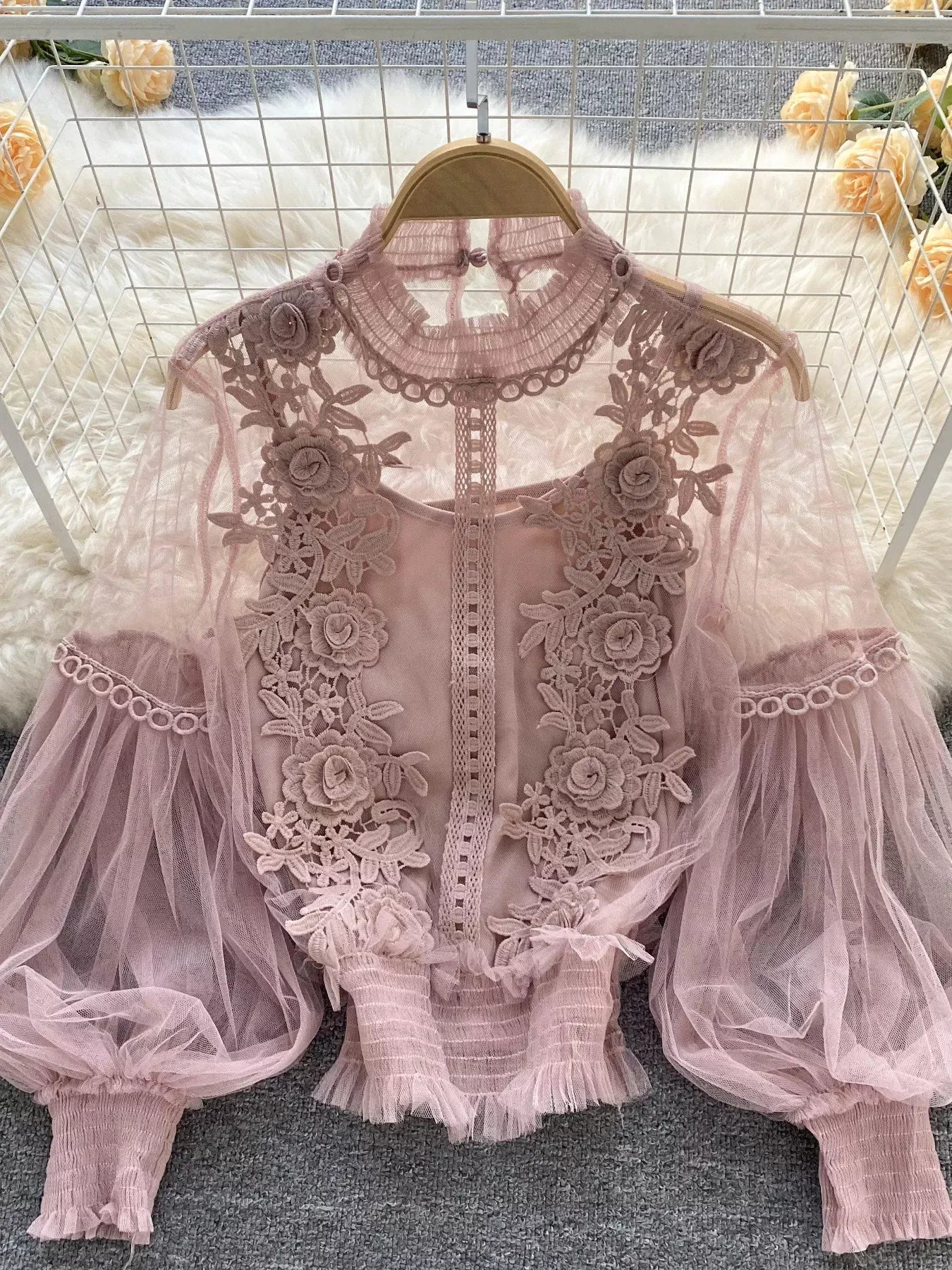 Trendsi Light Pink / One Size Floral Lace Blouse & Cami Set