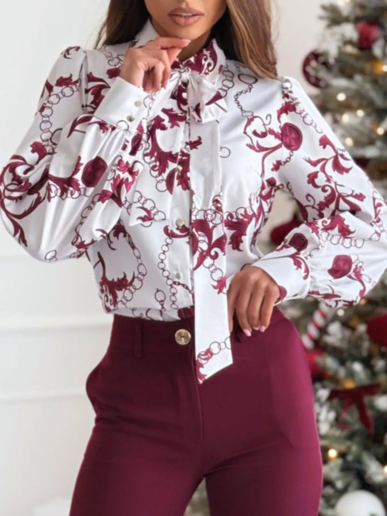 Trendsi Blouse Tie Front Printed Long Sleeve Shirt