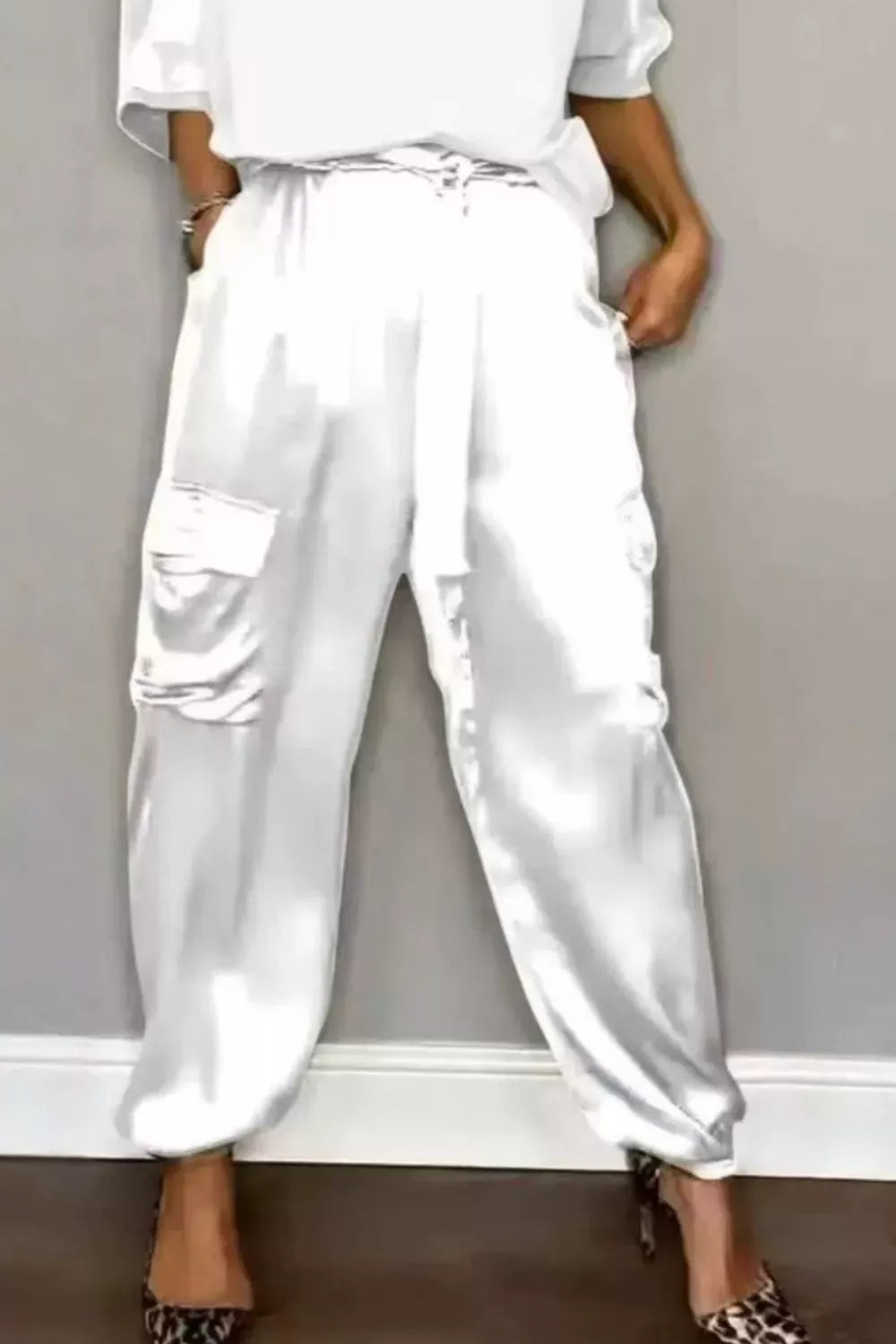 Trendsi White / S Satin Round Neck Top and Pants Set