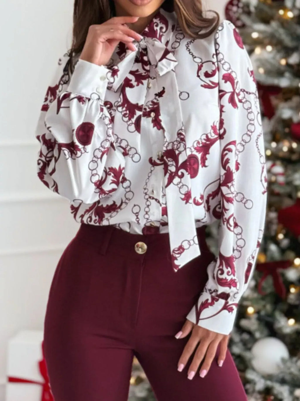 Trendsi Blouse Tie Front Printed Long Sleeve Shirt