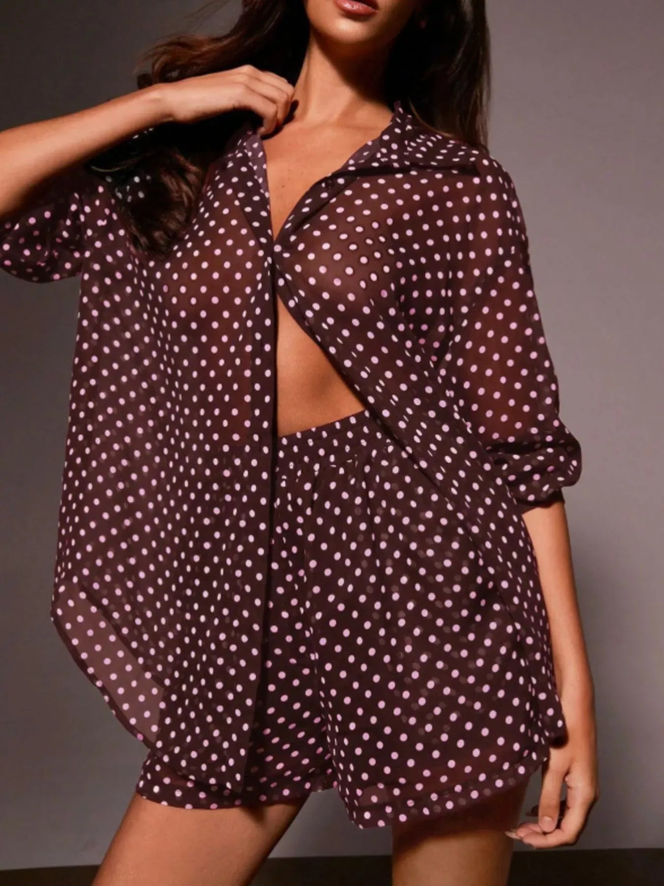 Trendsi Burgundy / S Polka Dot Button Up Shirt and Shorts Set