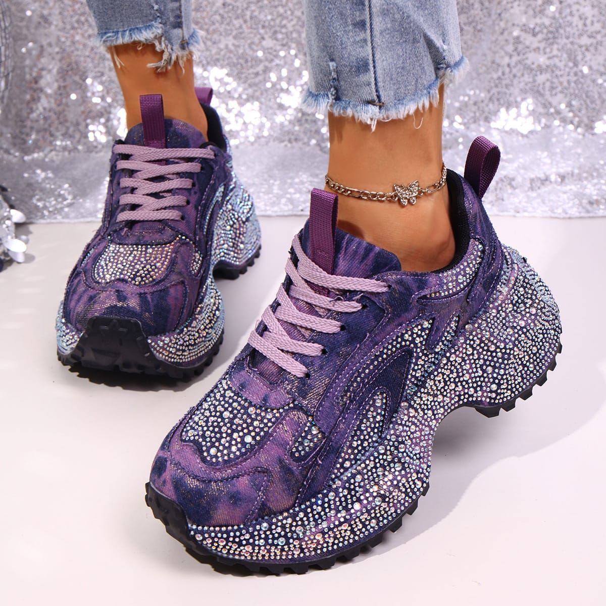 Trendsi Purple / 35 Rhinestone Lace Up Sneaker