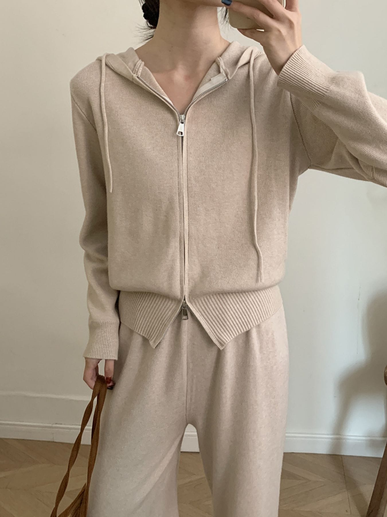 Trendsi Zip Up Cardigan and Drawstring Wide Leg Pants Knit Set
