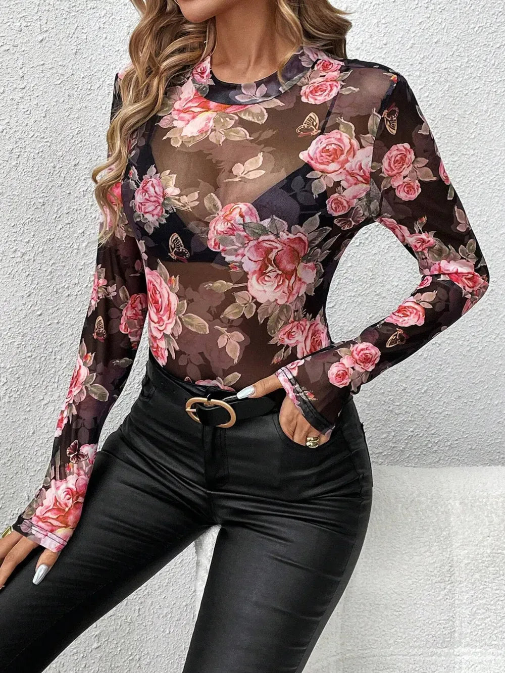 Trendsi Mesh Floral Mock Neck Long Sleeve Top