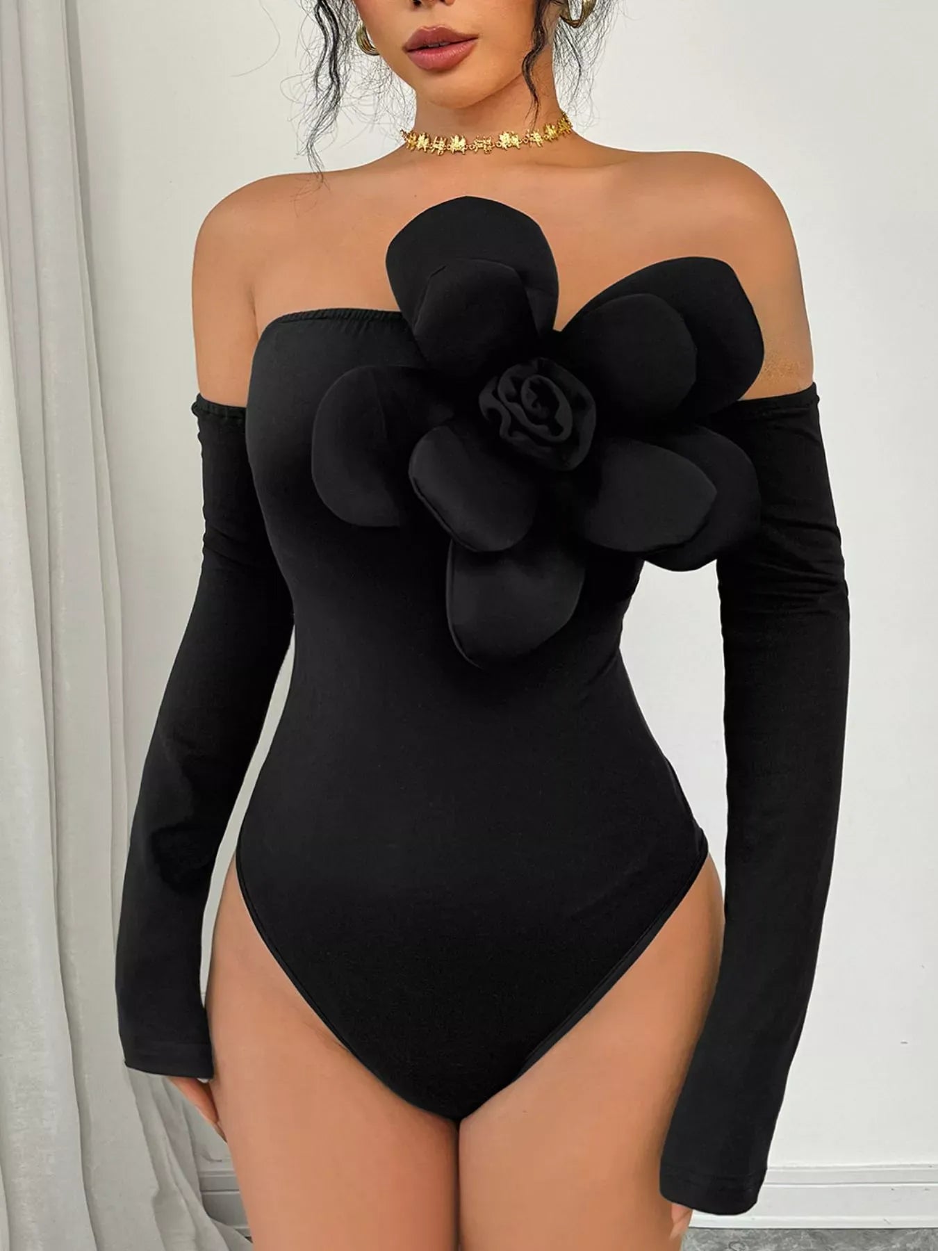 Trendsi Black / S Flower Off-Shoulder Long Sleeve Bodysuit