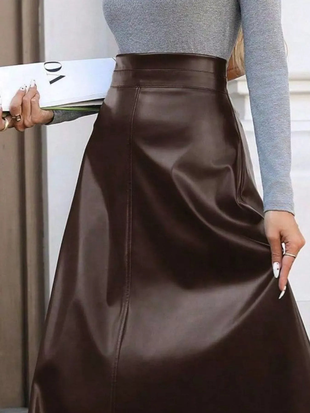 Trendsi Leather A-Line Midi Skirt