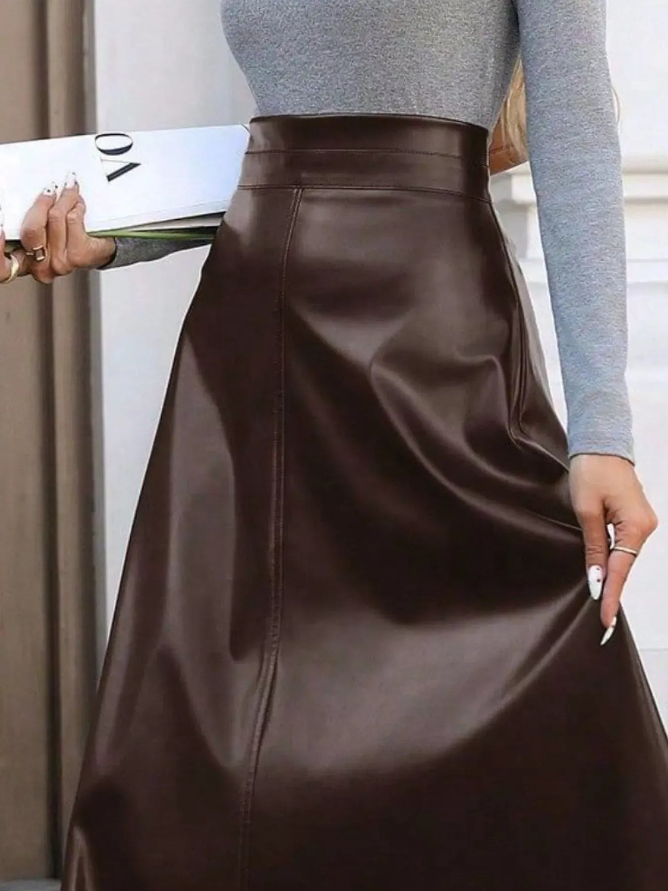 Trendsi Leather A-Line Midi Skirt