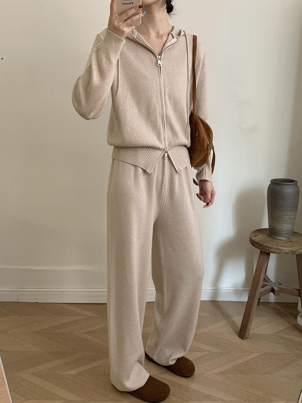 Trendsi Zip Up Cardigan and Drawstring Wide Leg Pants Knit Set