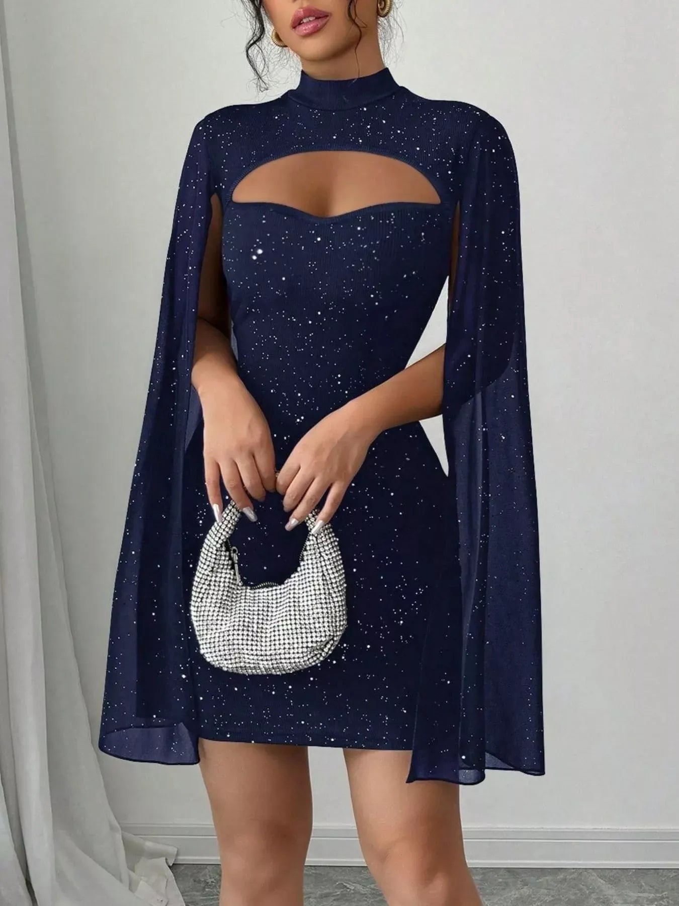 Trendsi Navy / S Cutout Bodycon Mini Dress with Cape Sleeves
