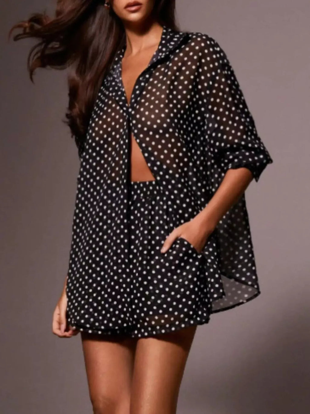 Trendsi Polka Dot Button Up Shirt and Shorts Set