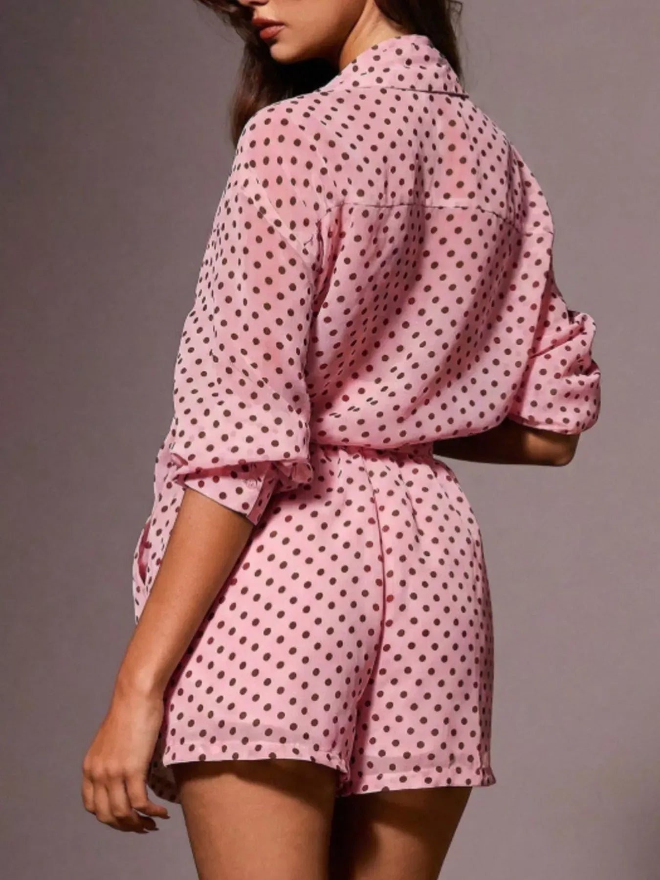Trendsi Polka Dot Button Up Shirt and Shorts Set