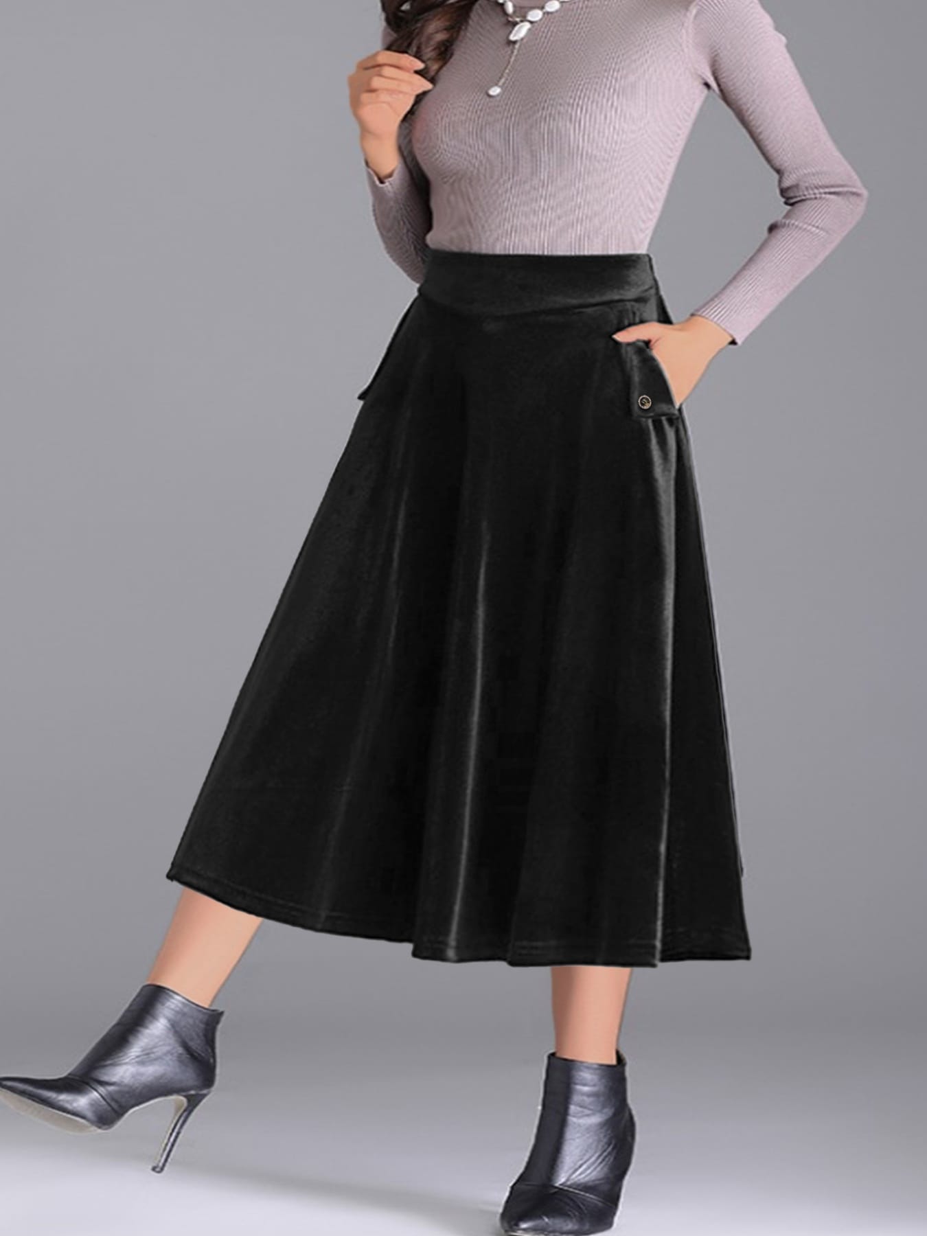 Trendsi Skirt Plus Size Elegant Velvet A-Line Midi Skirt