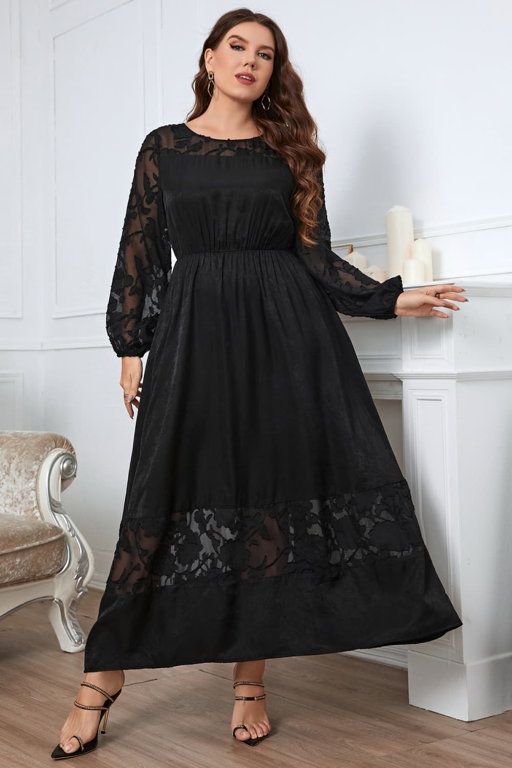 Trendsi dress Honey Melo Apparel Plus Size Embroidery Round Neck Long Sleeve Maxi Dress