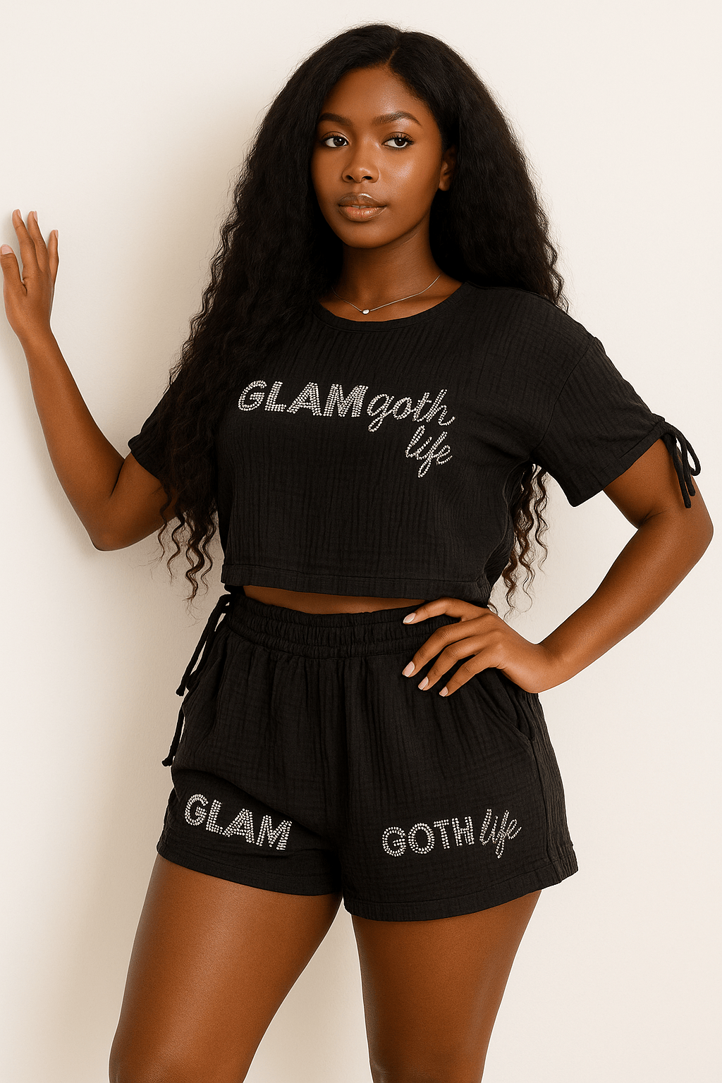 Dark Aesthetic  lounge wear black two-piece lounge set Glam Goth Life logo in sparkling rhinestones