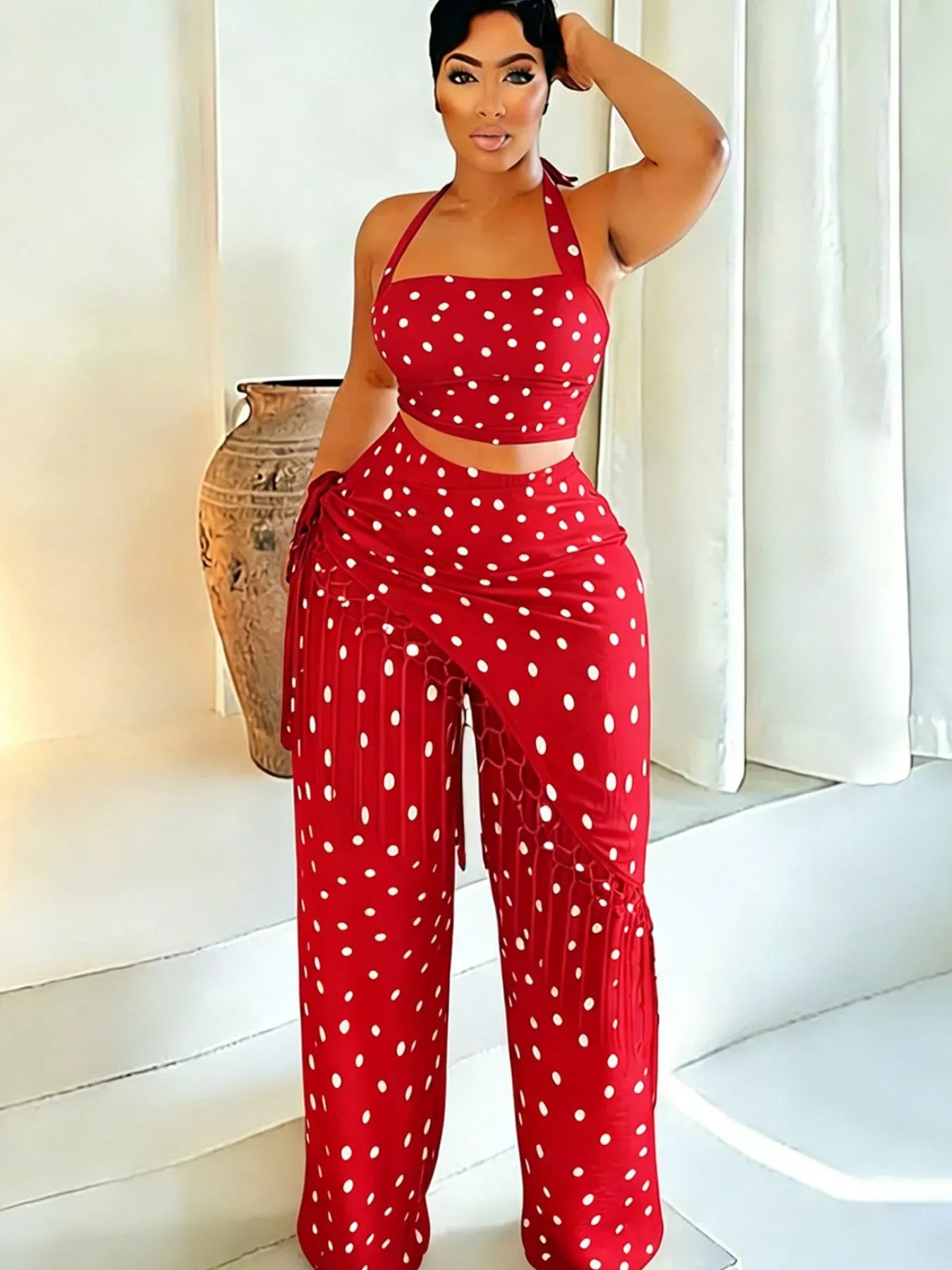 Trendsi Red / S Polka Dot Halter Neck Cami and Fringe Trim Pants Set