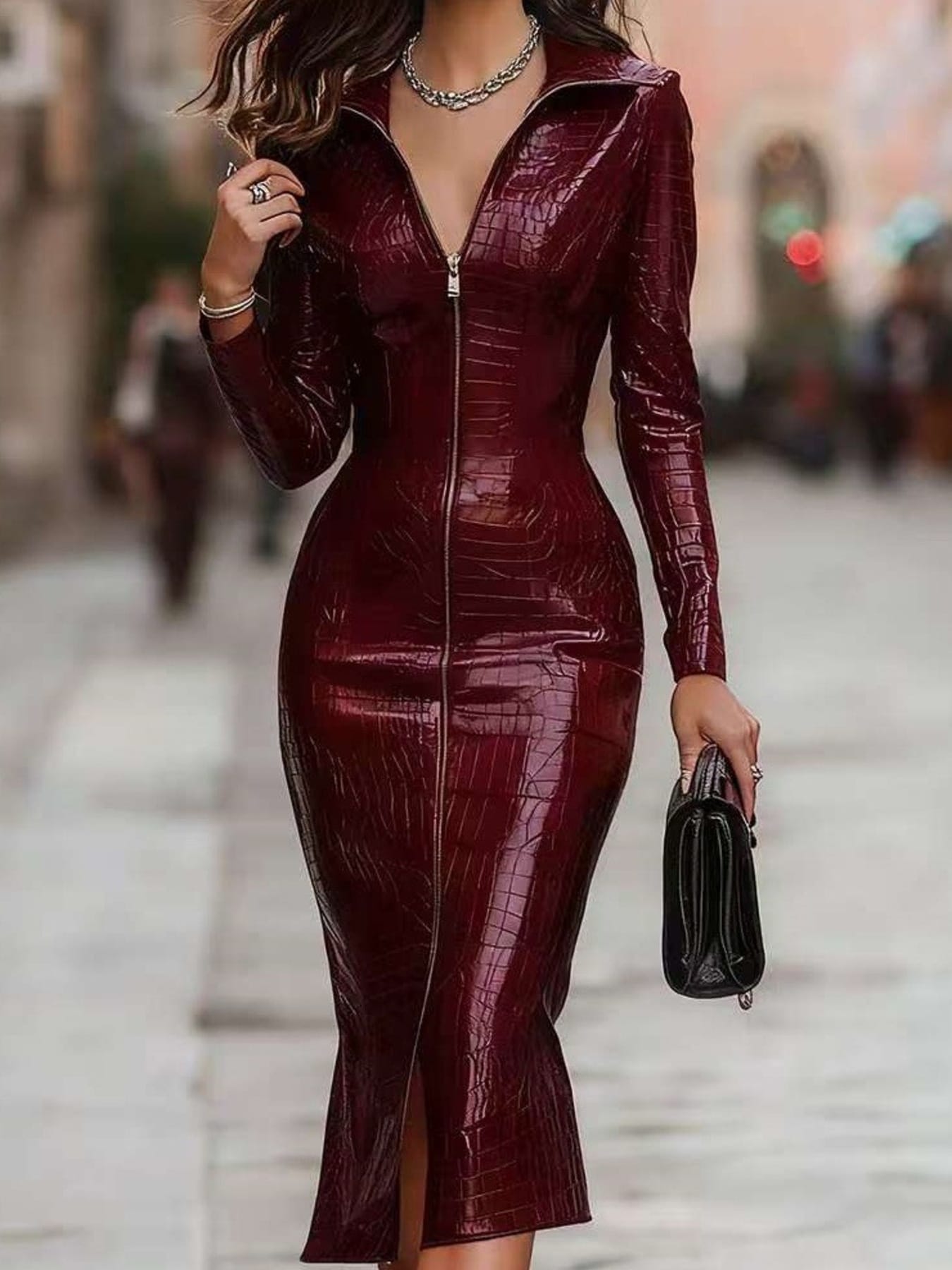 Trendsi dress Burgundy / XS Full Size Crocodile Embossed Zipper Front Bodycon Midi Dress Plus Size