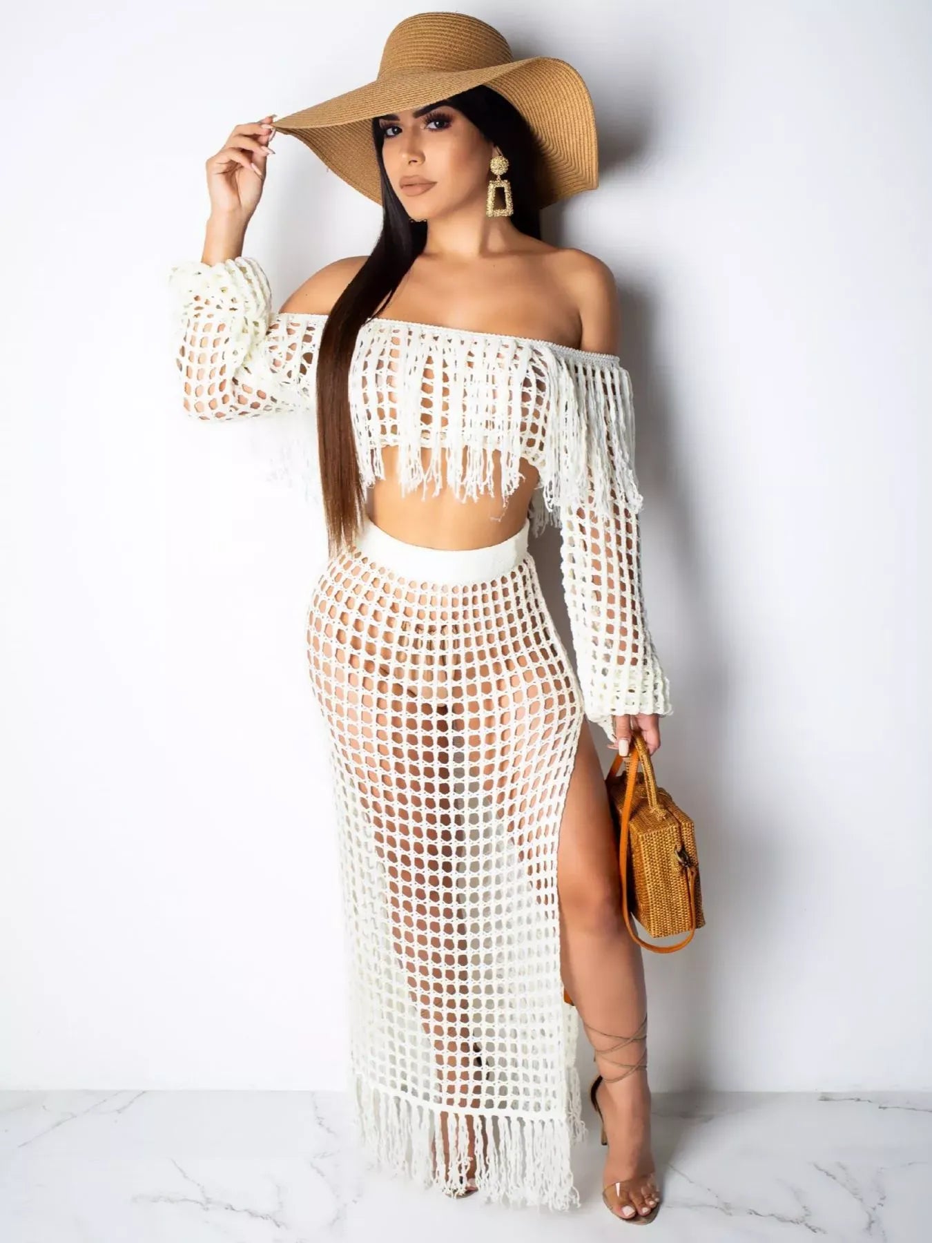 Trendsi White / S Full Size Crochet Off-Shoulder Fringe Top and Skirt Set Plus Size