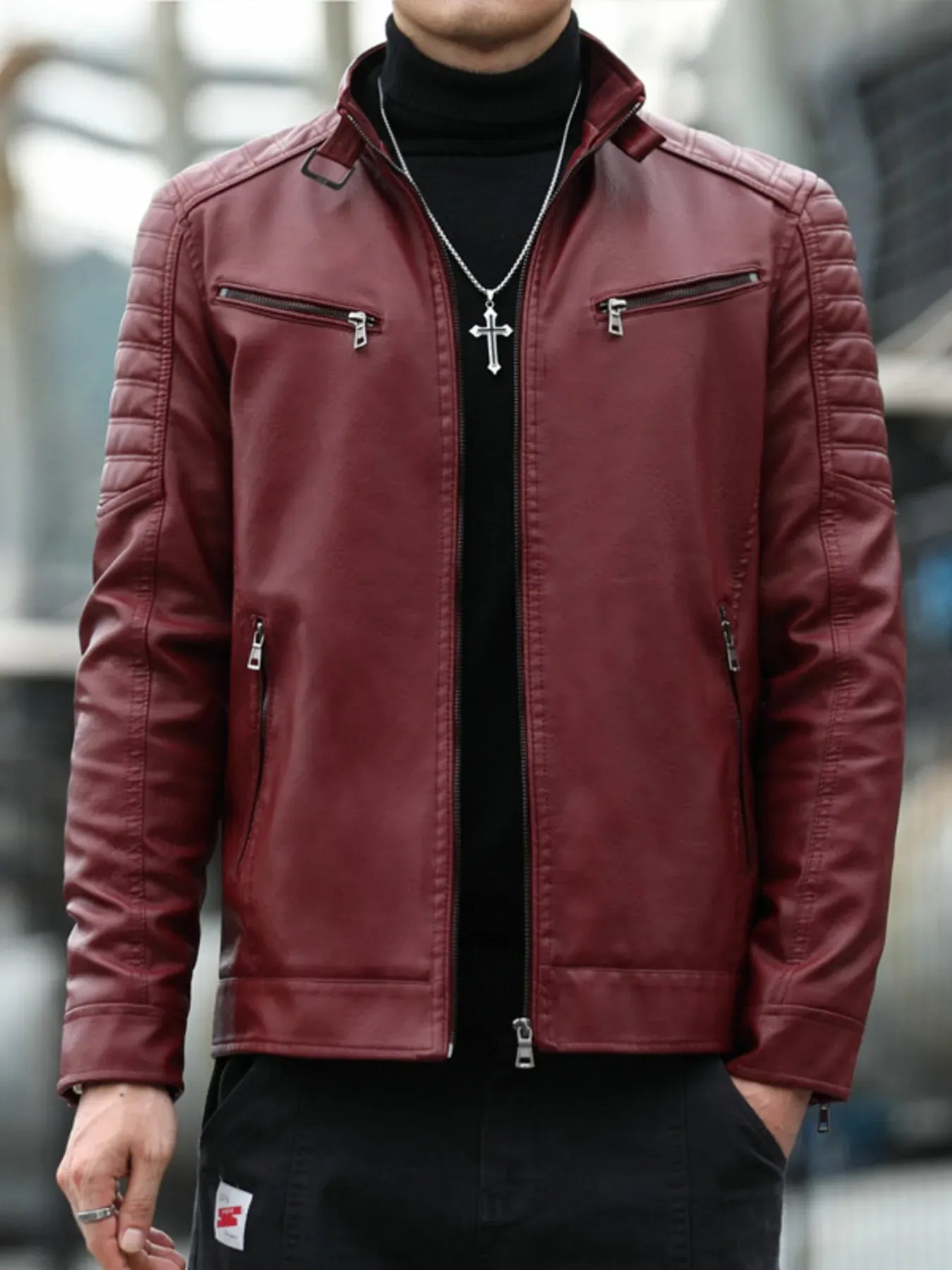 Trendsi Burgundy / L Men's Plus Size Slim Fit Faux Leather Motorcycle Jacket