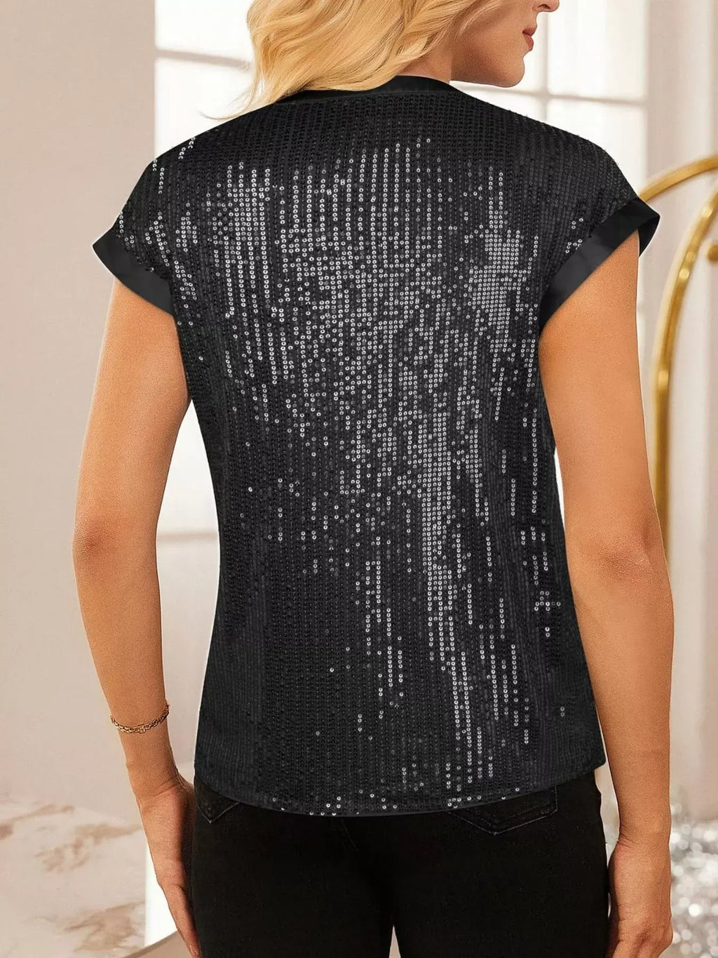 Trendsi Sequin Notched Cap Sleeve Blouse