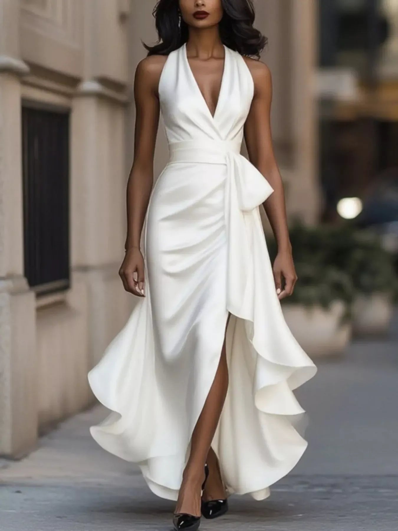 Trendsi White / XS Full Size High-Low Ruffled Satin Maxi Dress Plus Size