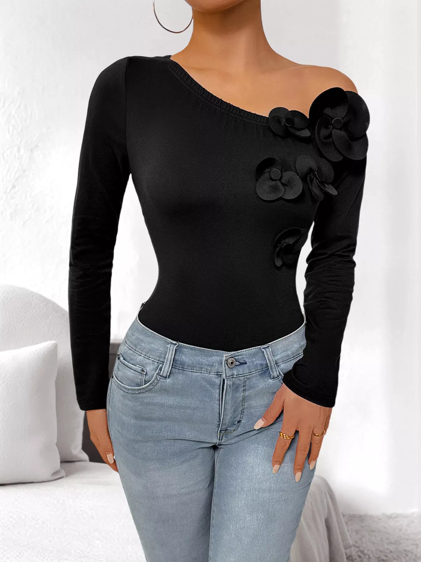 Trendsi Flower One Shoulder Long Sleeve Bodysuit