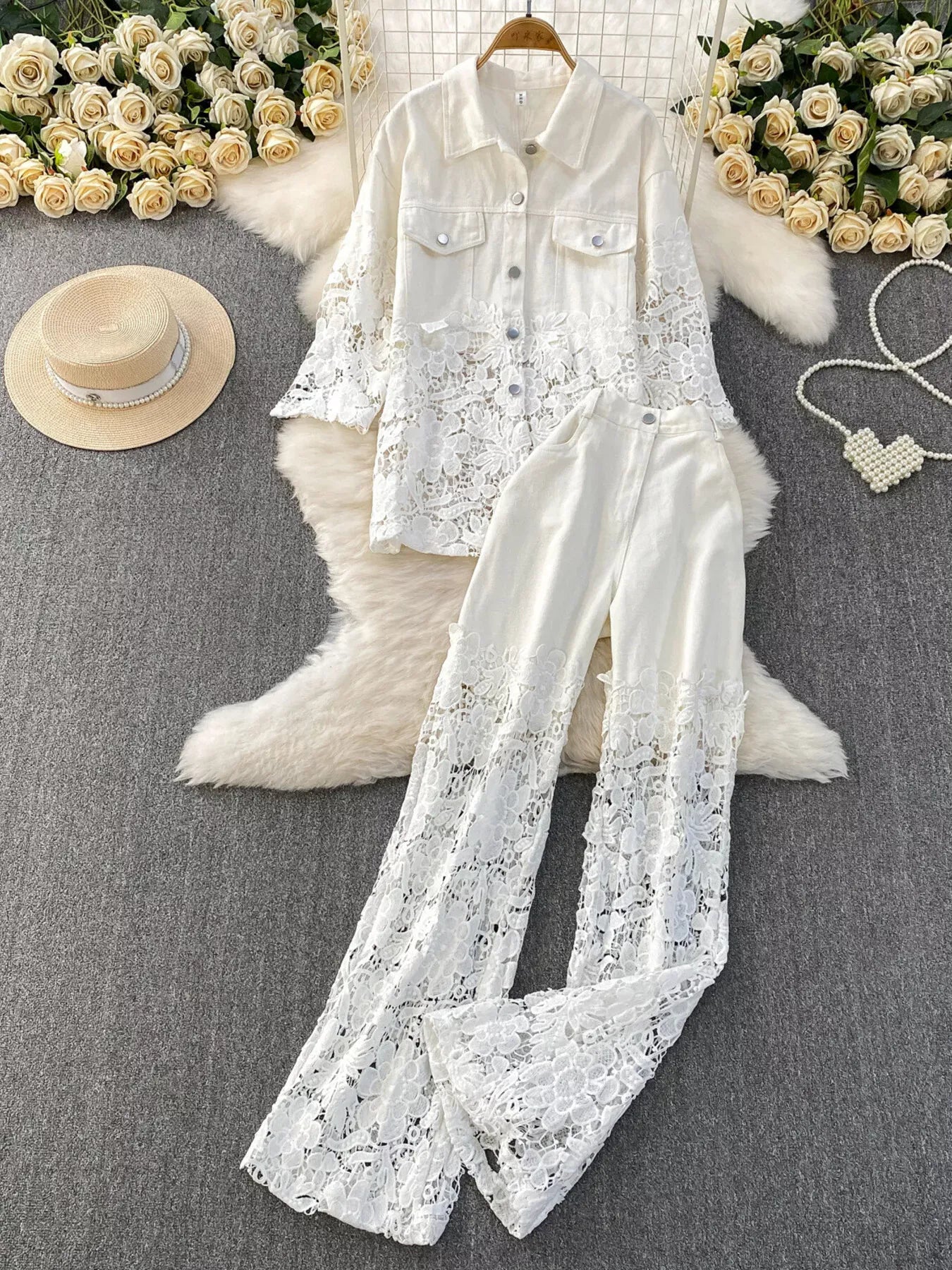 Trendsi White Two-piece Set / One Size Lace Patchwork Shacket and Pants Set