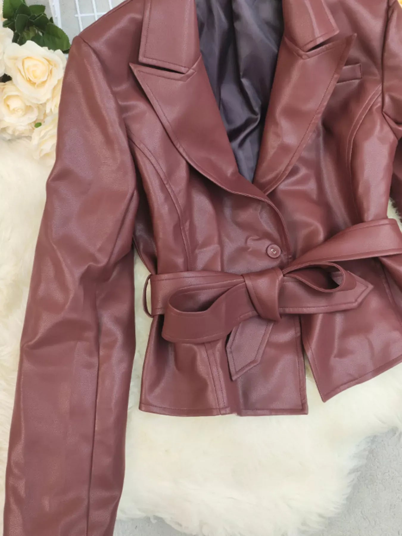 Trendsi Belted Faux Leather Blazer