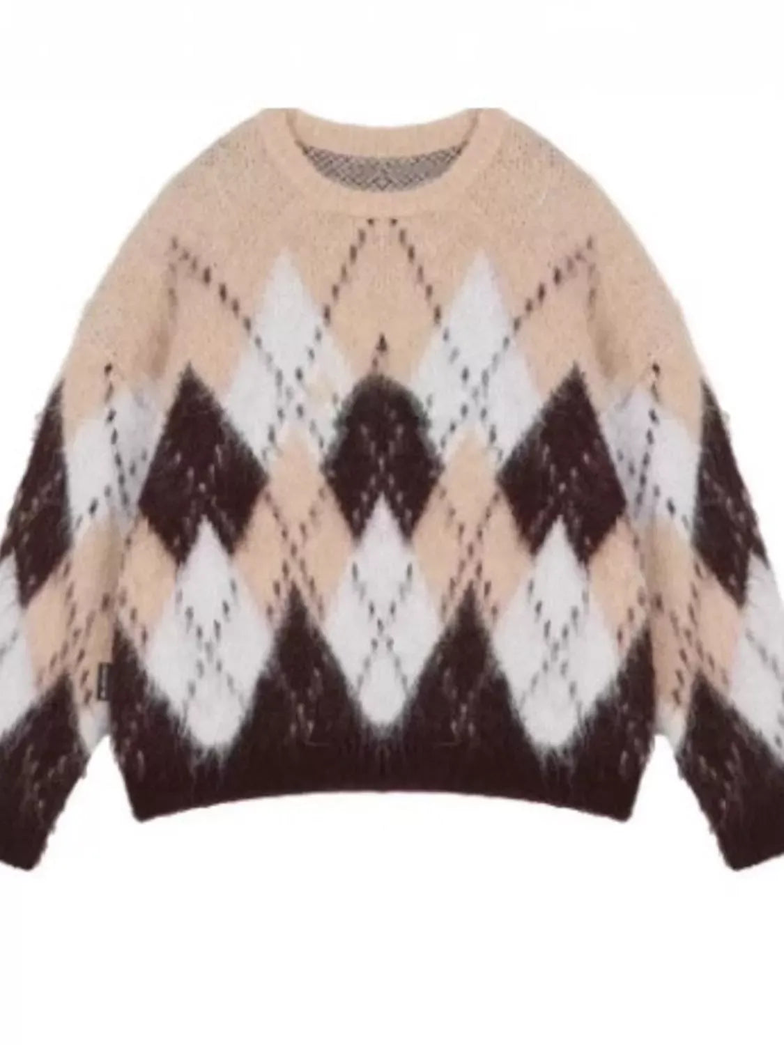 Trendsi Chocolate / M Men's Plus Size Argyle Knit Round Neck Sweater