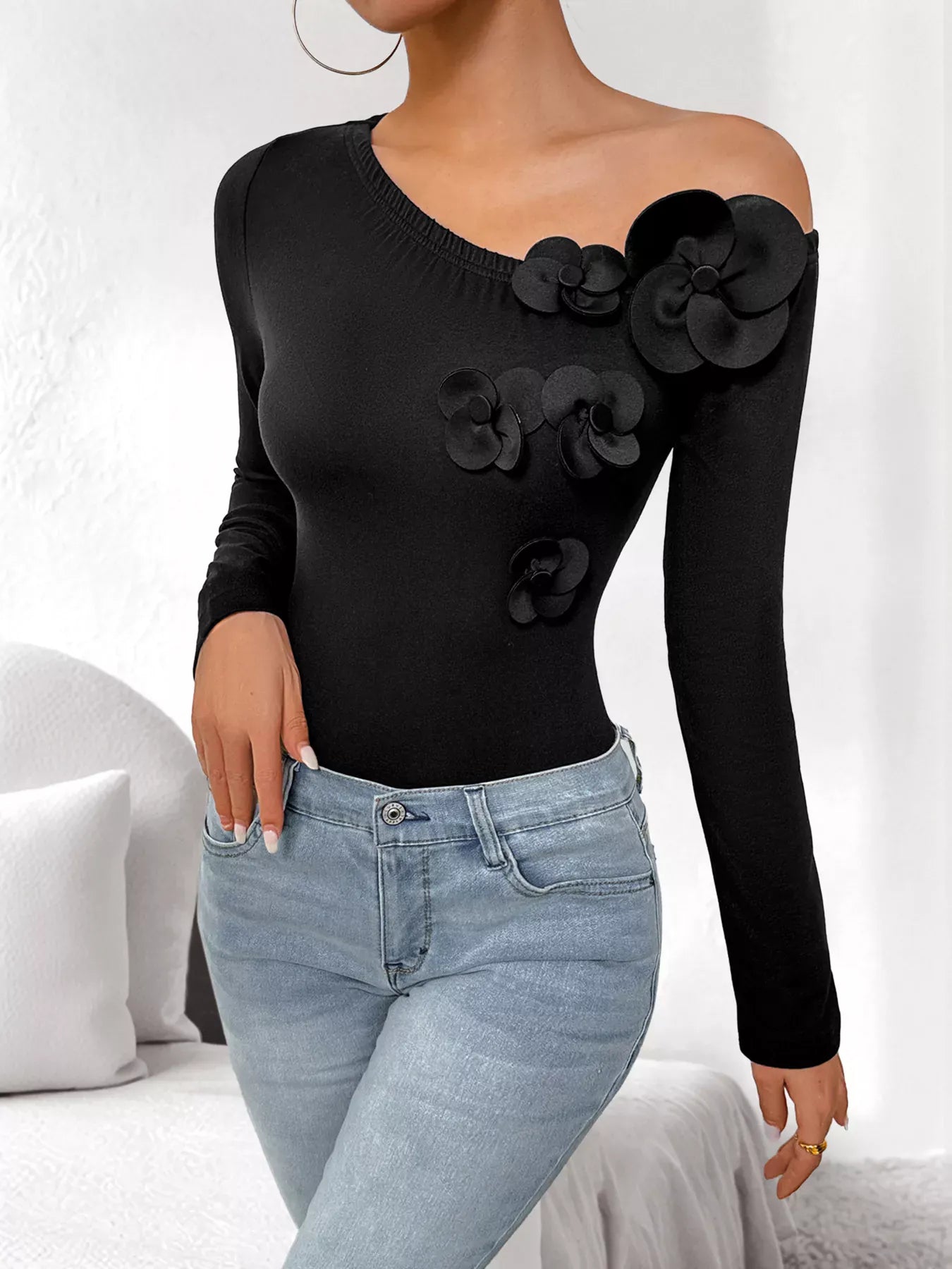 Trendsi Flower One Shoulder Long Sleeve Bodysuit