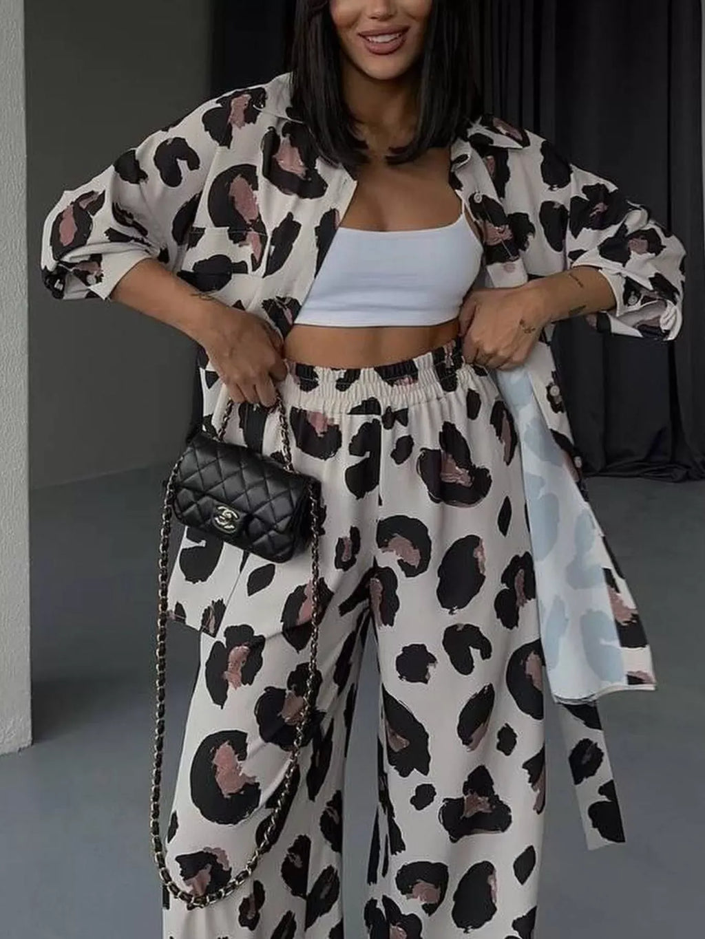 Trendsi Leopard Print Relaxed Fit Shirt and Pants Two-Piece Set