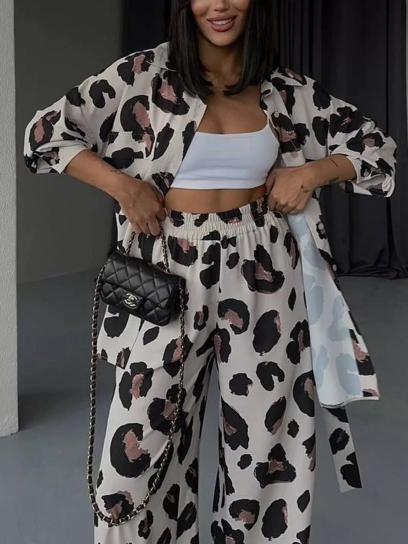 Trendsi Leopard Print Relaxed Fit Shirt and Pants Two-Piece Set