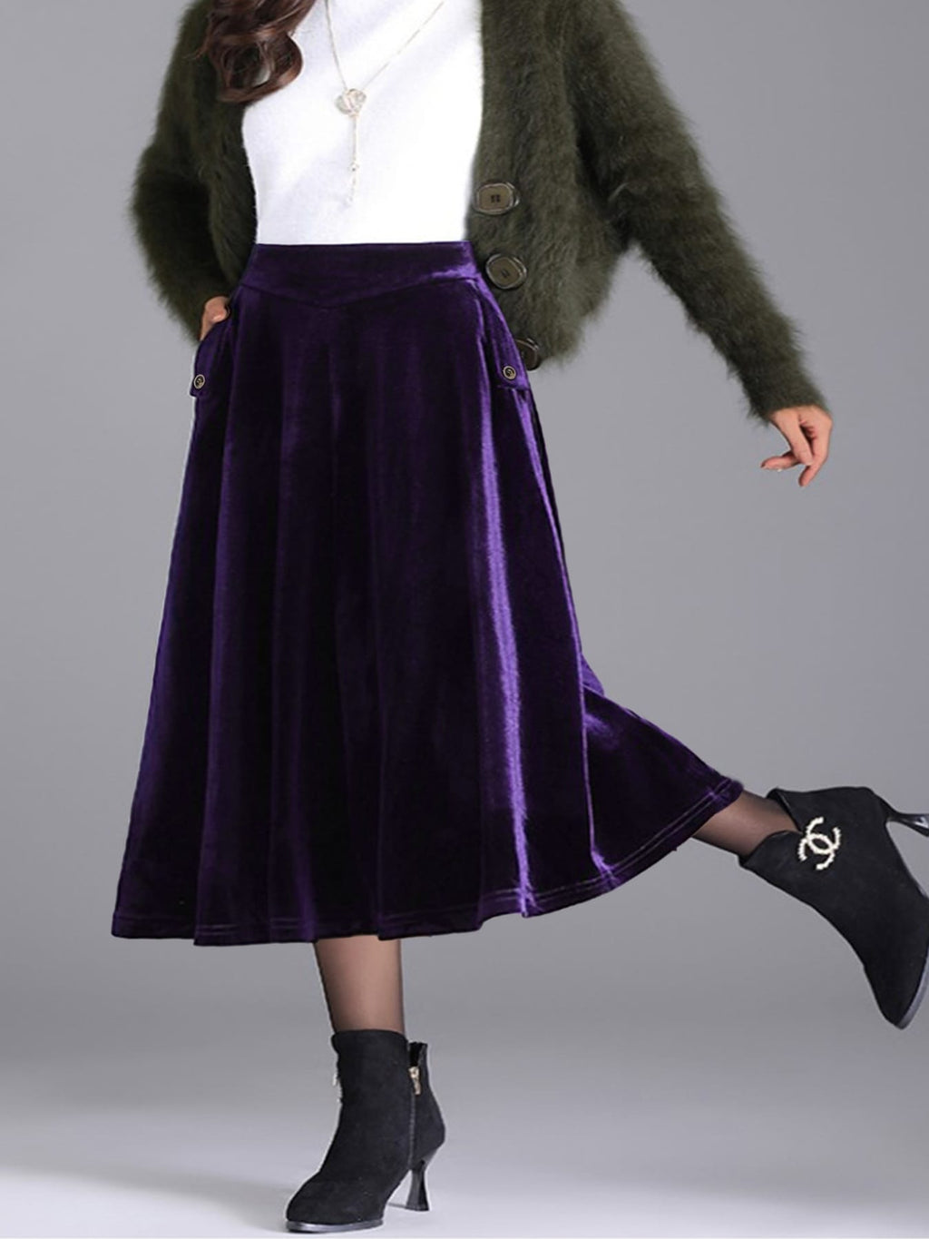 Trendsi Skirt Plus Size Elegant Velvet A-Line Midi Skirt