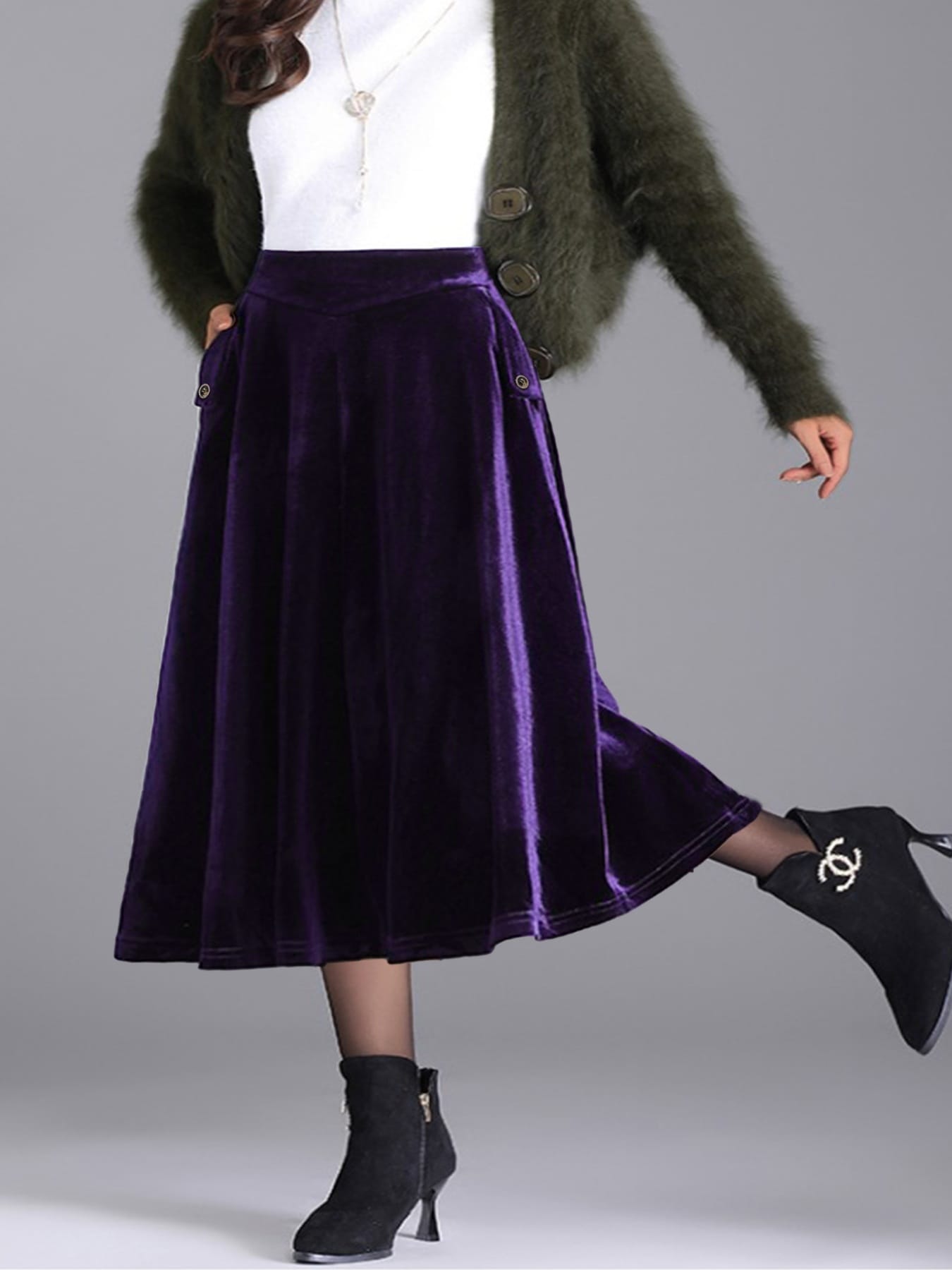 Trendsi Skirt Plus Size Elegant Velvet A-Line Midi Skirt