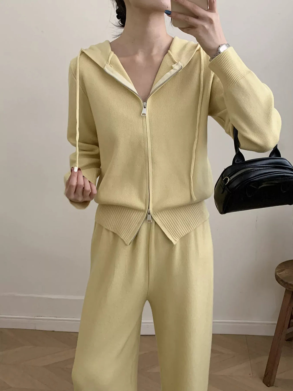 Trendsi Zip Up Cardigan and Drawstring Wide Leg Pants Knit Set