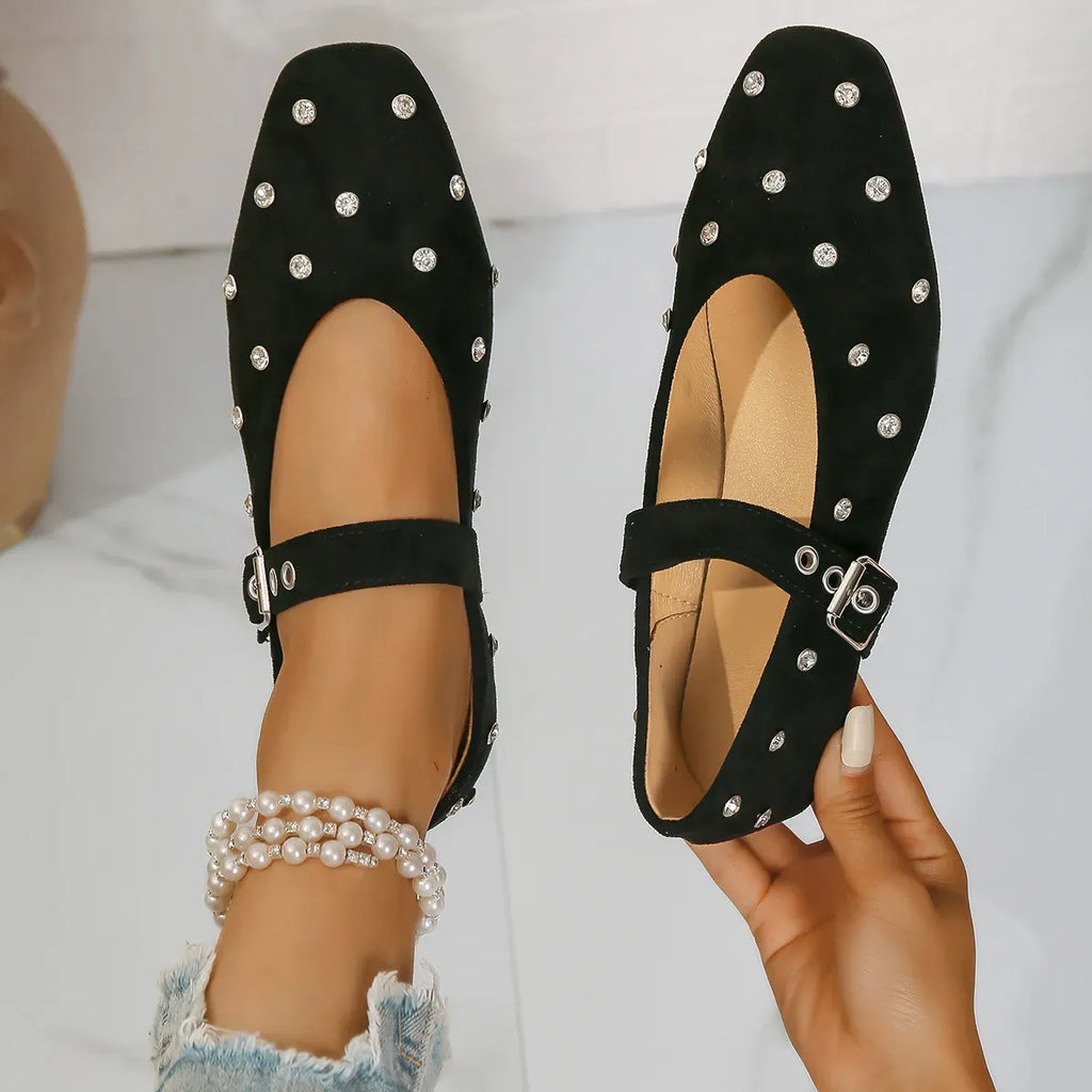 Trendsi Black / 35 Rhinestone Buckle Flat Mary Jane Loafers