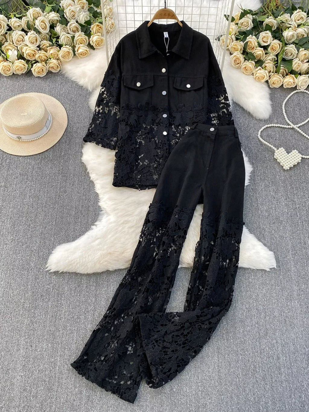 Trendsi Black Two-piece Set / One Size Lace Patchwork Shacket and Pants Set