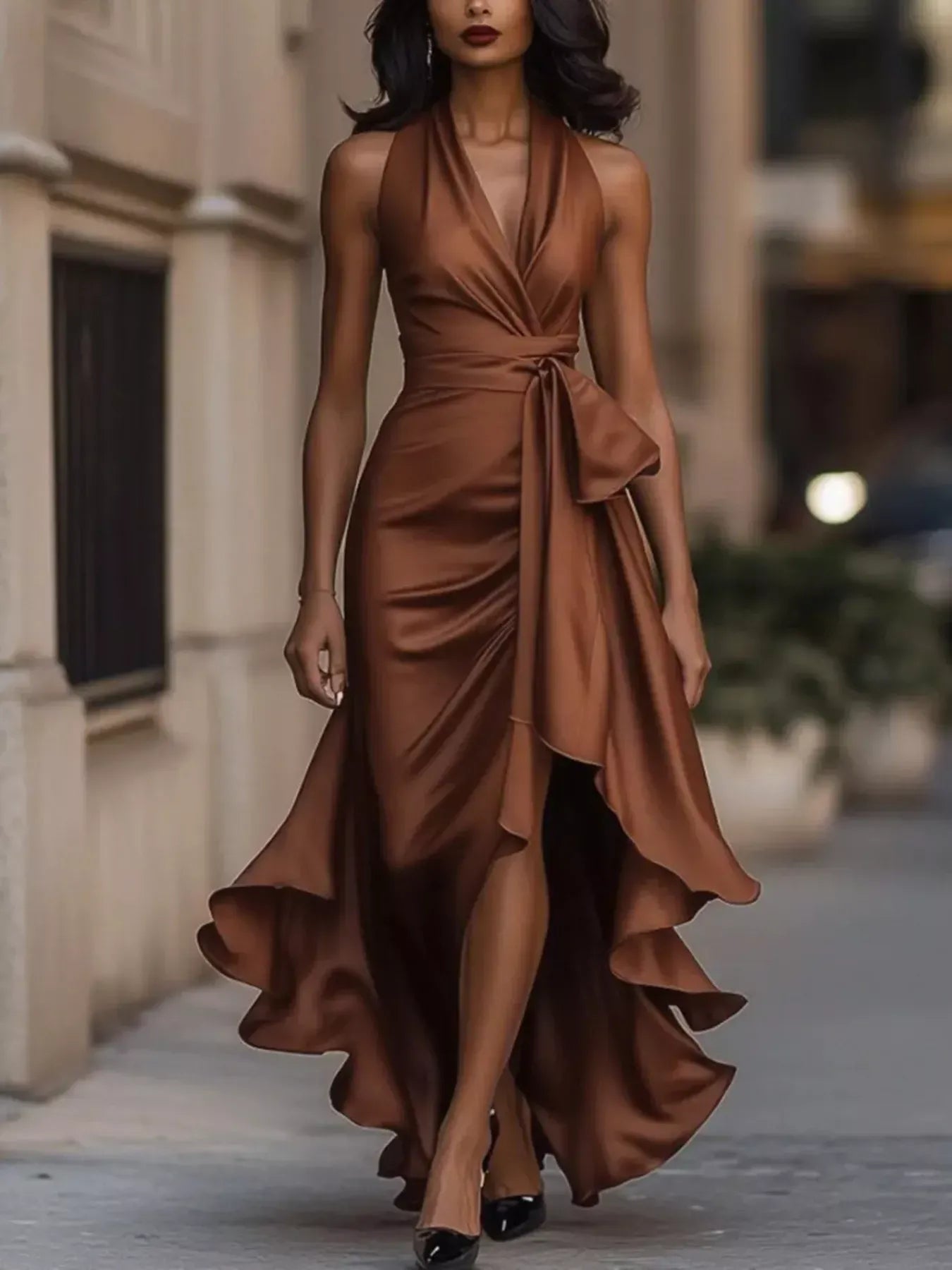 Trendsi Brown / XS Full Size High-Low Ruffled Satin Maxi Dress Plus Size