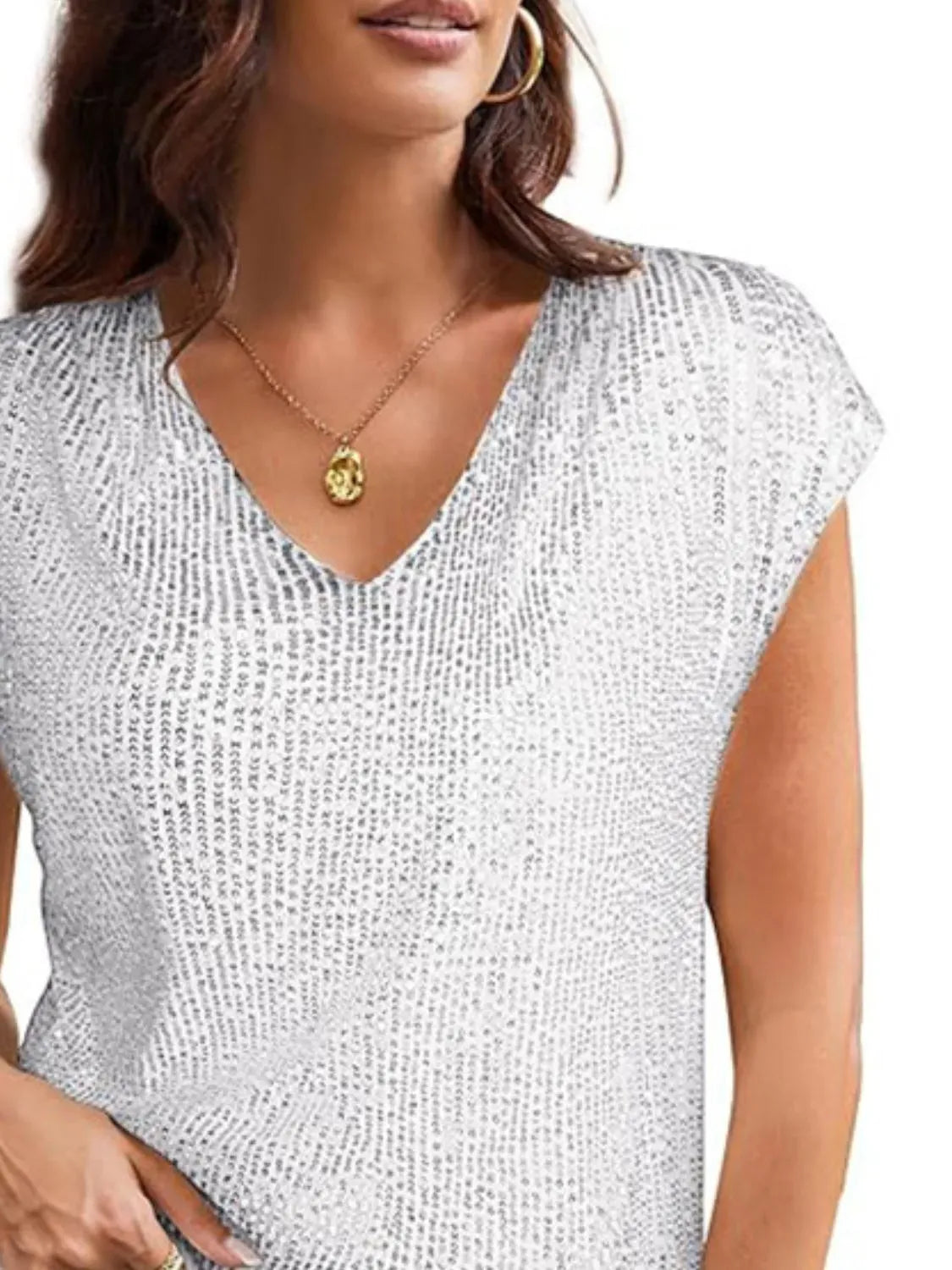 Trendsi Blouse V-Neck Sequin Cap Sleeve Top